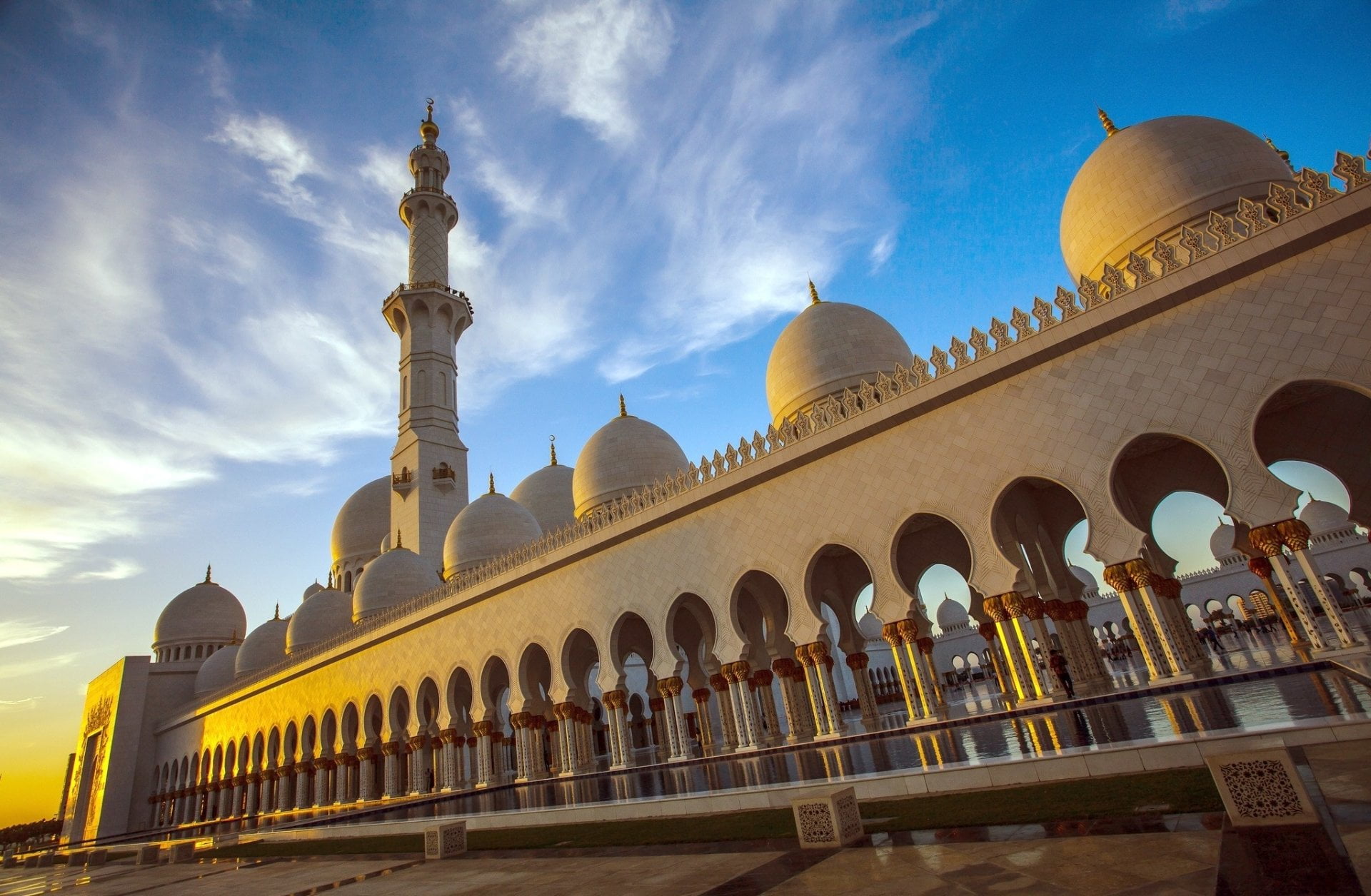 arch, spirituality, dome, building exterior, Mosques, Abu Dhabi, building, nature, travel destinations, travel, sky, place of worship, 1080P, no people, HD Wallpaper