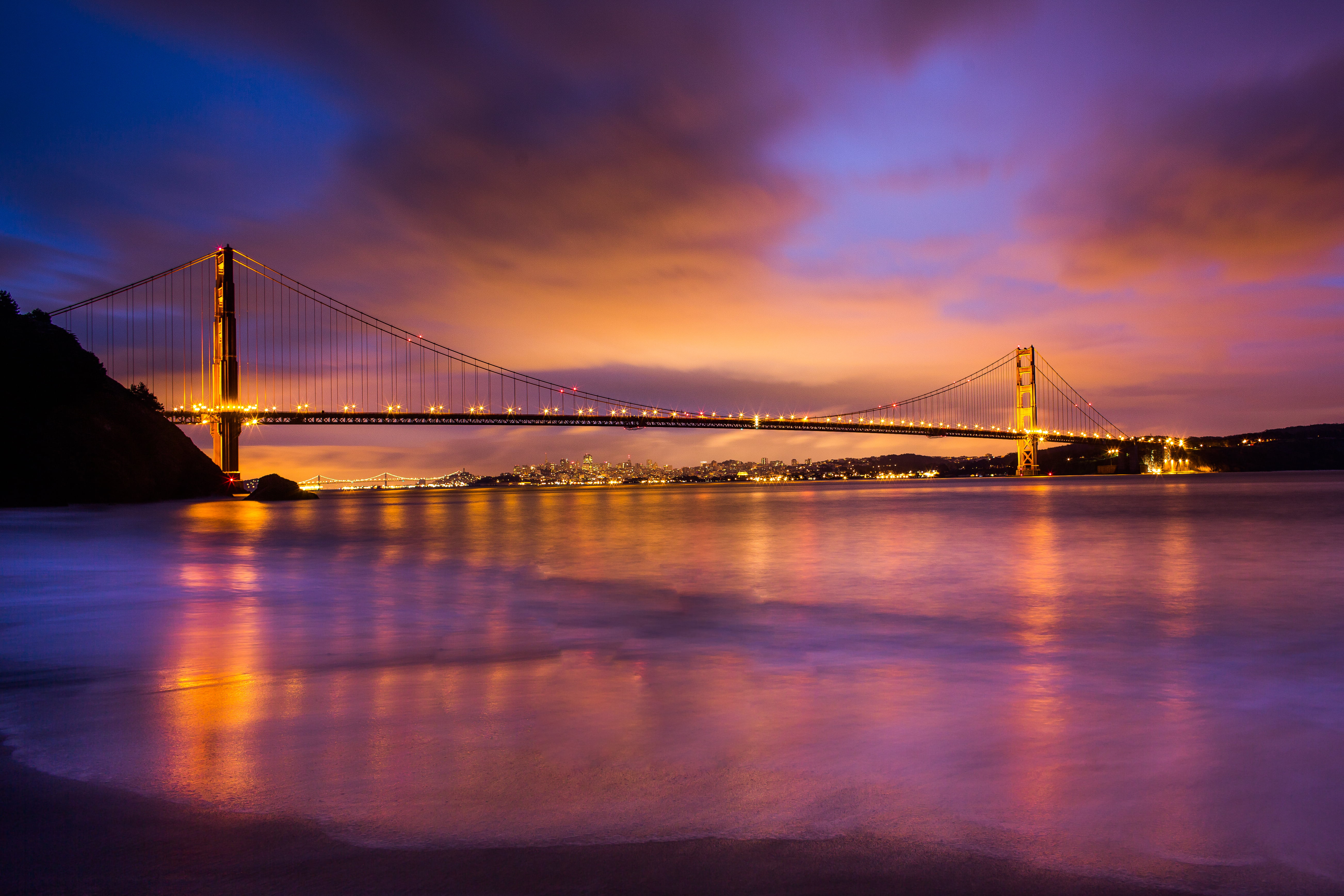 sky, 5K, night, Cove, San Francisco, architecture, san Francisco County, photo, sea, bridge, urban Skyline, Consequences, california, dusk, Marin Headlands, HD Wallpaper
