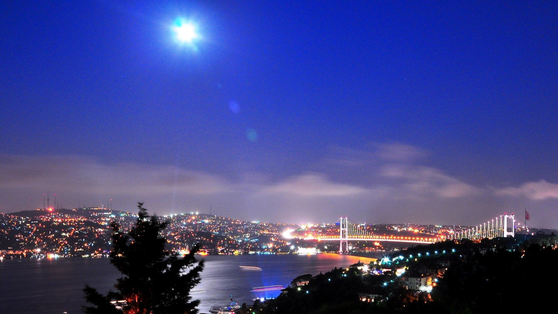 cities, 1080P, night, cityscapes, turkey, istanbul, bosphorus, HD Wallpaper