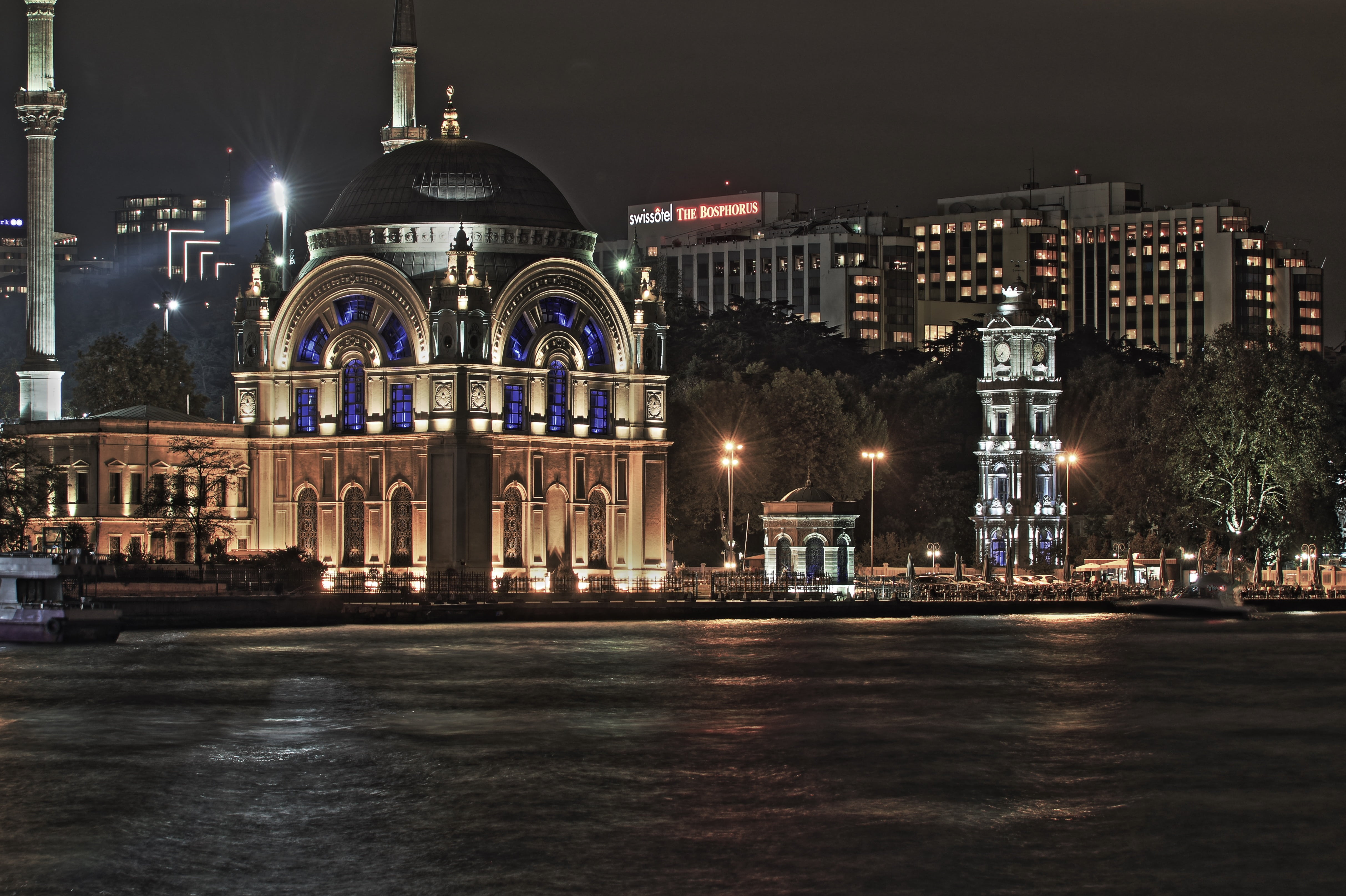 waterfront, travel, religion, city, belief, sky, istanbul, evening, no people, illuminated, dolmabahçe, concrete, turkey, hdr, building, outside, built structure, HD Wallpaper
