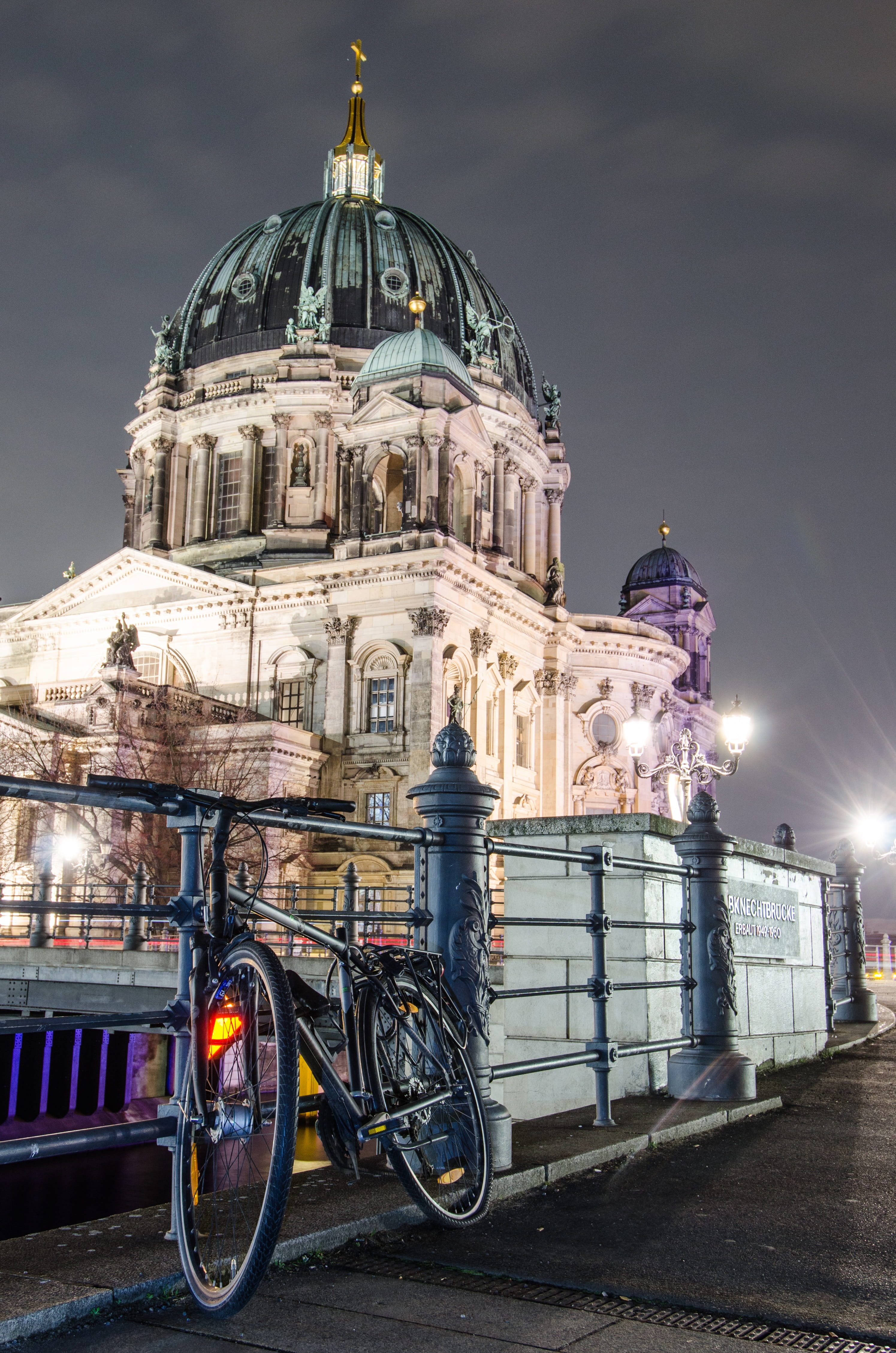 land vehicle, built structure, belief, 4K, Church, spirituality, lanterns, outdoors, lighting, clouds, bike, Dom, architecture, mode of transportation, Phone HD Wallpaper