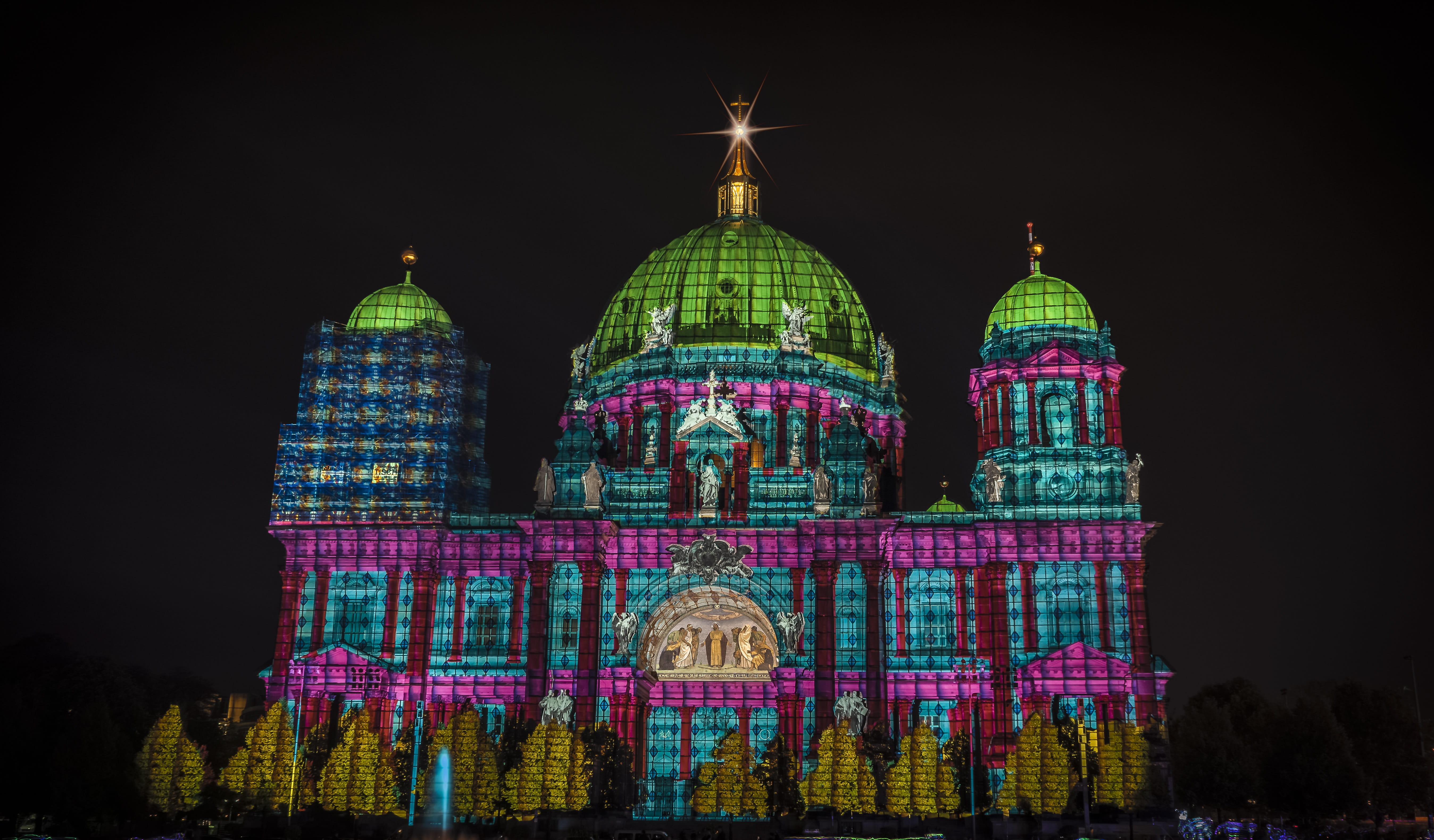 facade, travel, travel destinations, berlin cathedral, tree, sky, architecture, church, building, 5K, art, city, light, built structure, pattern, berlin, HD Wallpaper