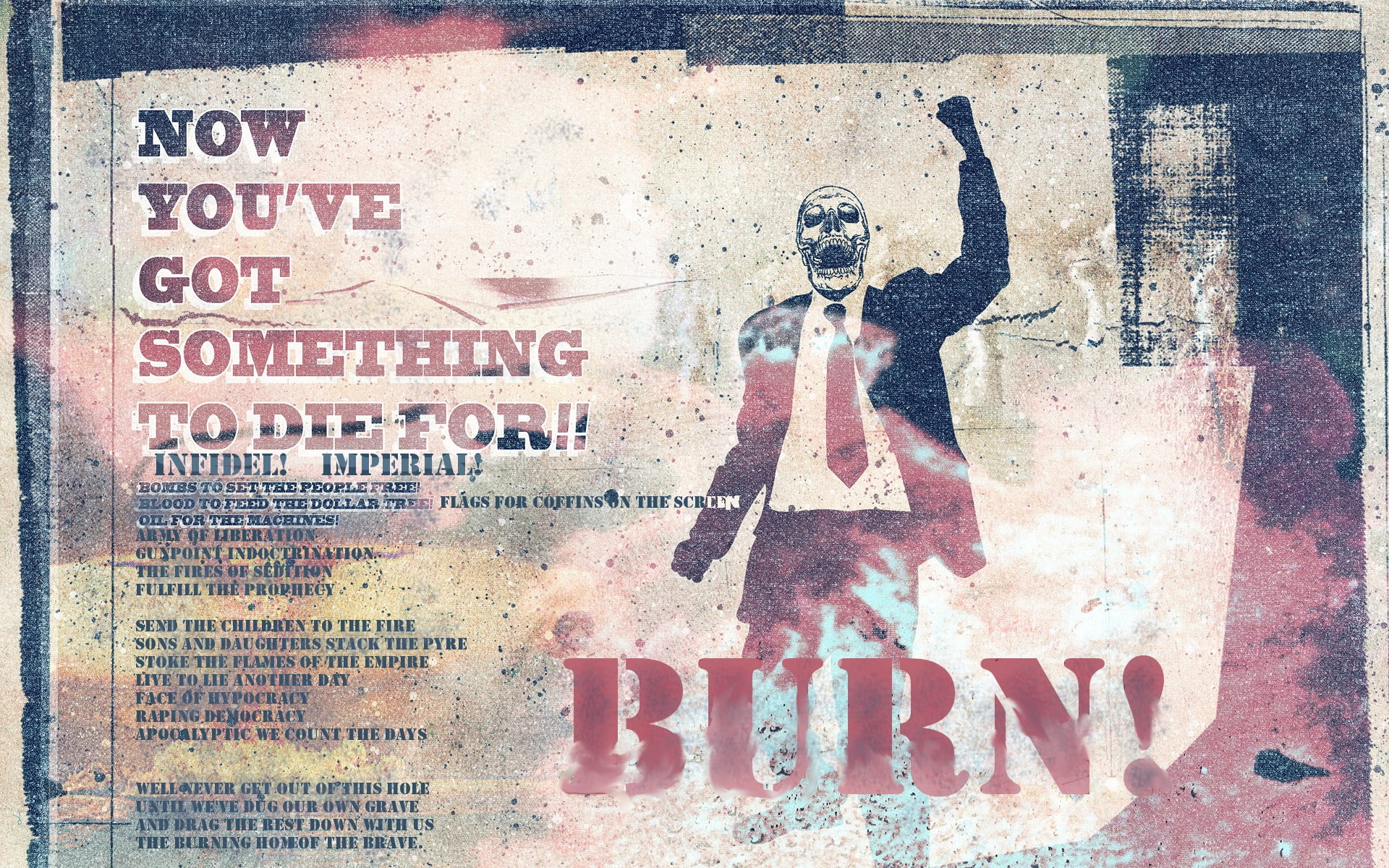 text, wall, tie, burn, digital art, 1080P, Lamb of God, burning, skull, graffiti, war, HD Wallpaper