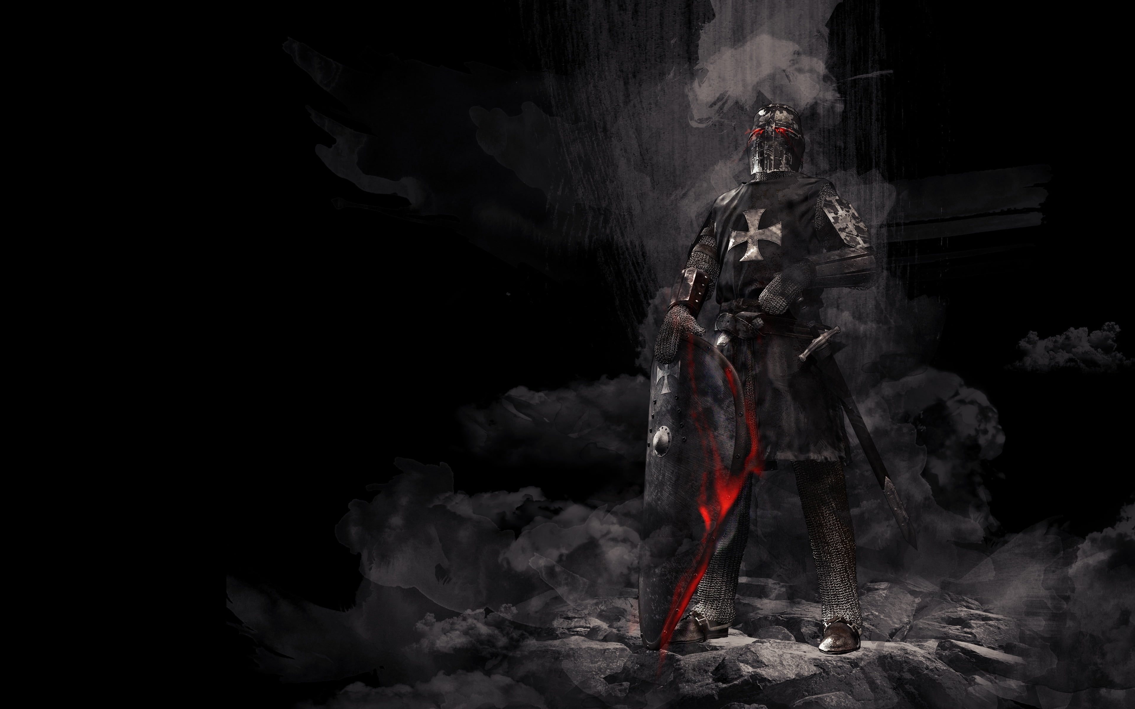 artwork, 4k, burning, heat - temperature, rock, smoke - physical structure, people, real people, knight, unrecognizable person, solid, mountain, activity, HD Wallpaper