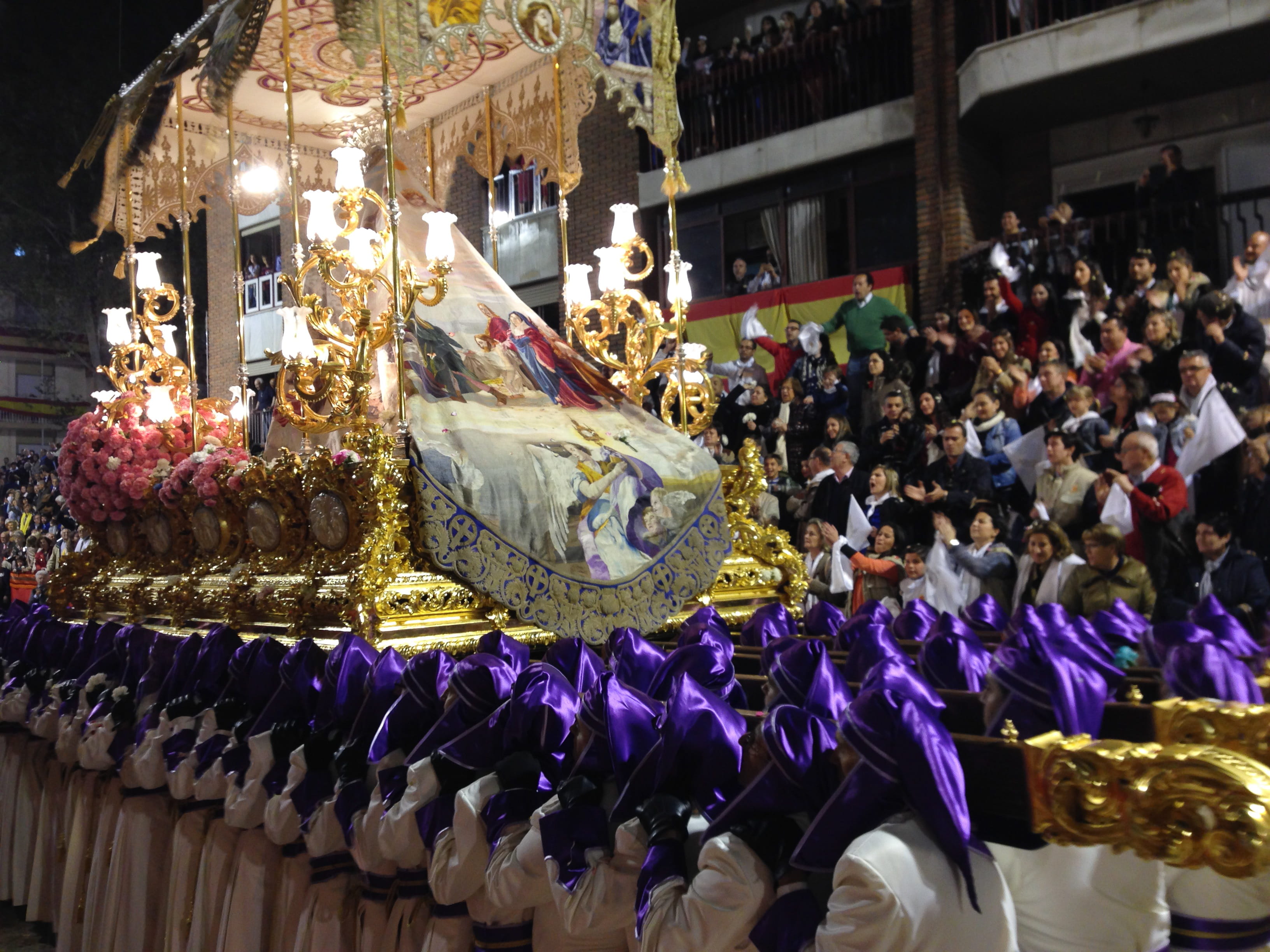 Procession, representation, illuminated, Lorca, celebration, belief, embroidery, group of people, Spain, 2K, spirituality, gondola - traditional boat, HD Wallpaper