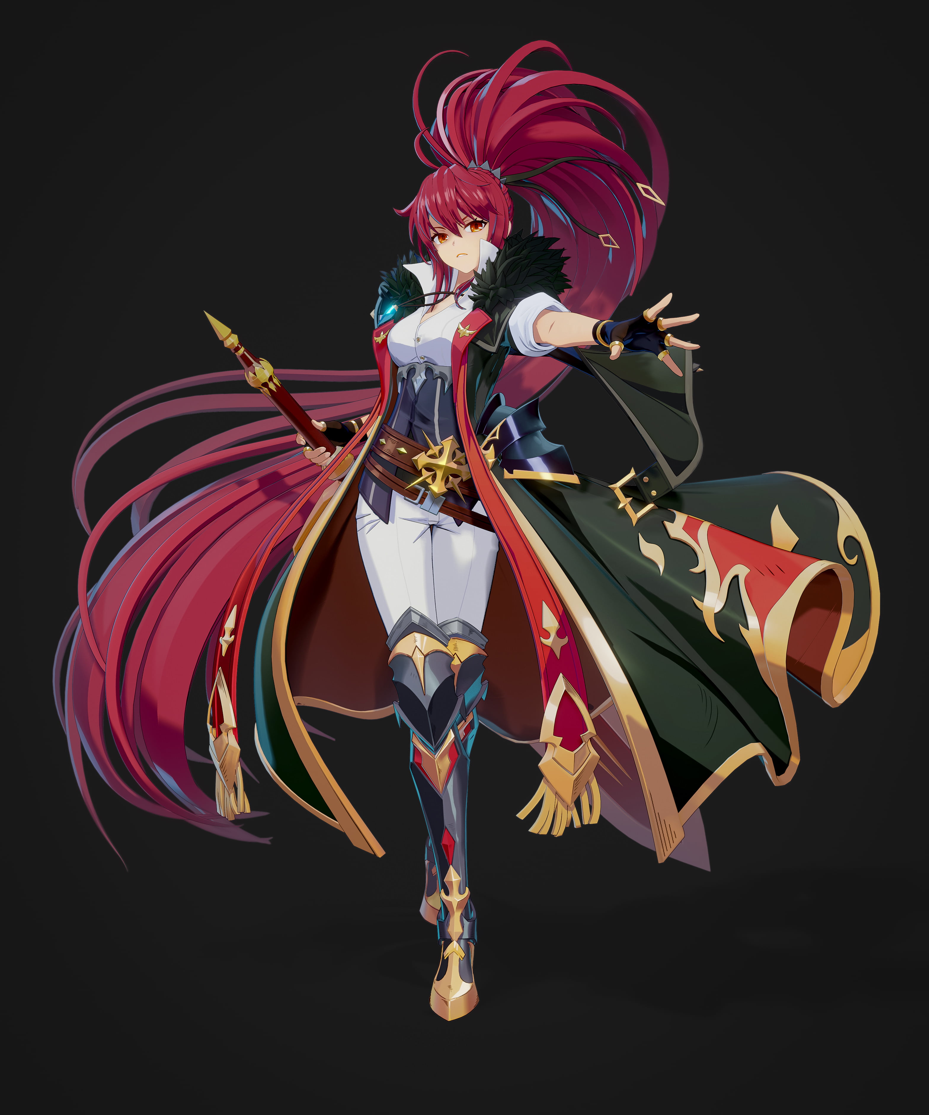 redhead, black clothing, mantle, weapon, simple background, long hair, Cifangyi, red eyes, drawing, women, black background, 2K, Phone HD Wallpaper