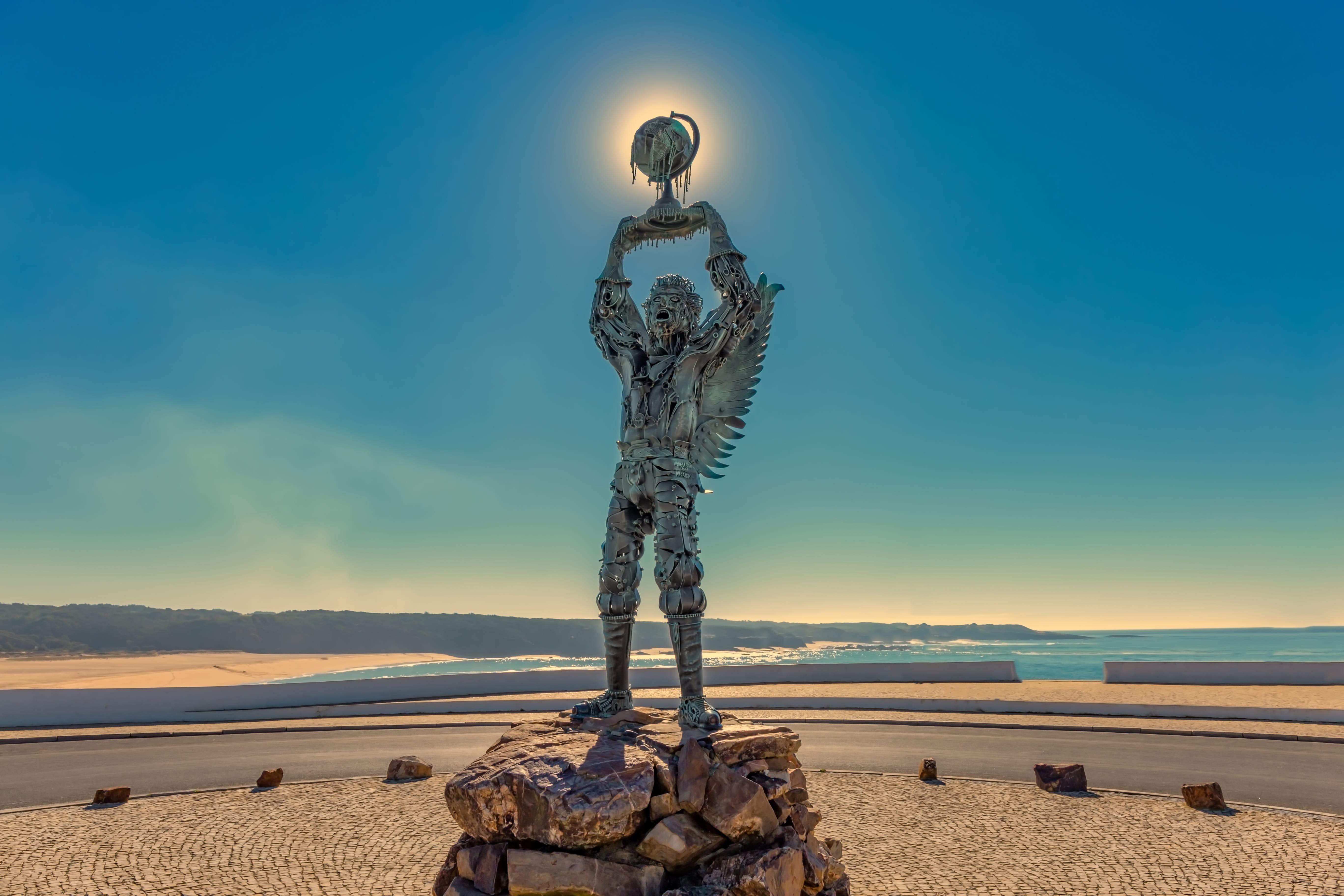 land, scenics - nature, male likeness, human arm, st, balance, arms raised, front view, artwork, beauty in nature, art and craft, michael, sea, blue, full length, HD Wallpaper