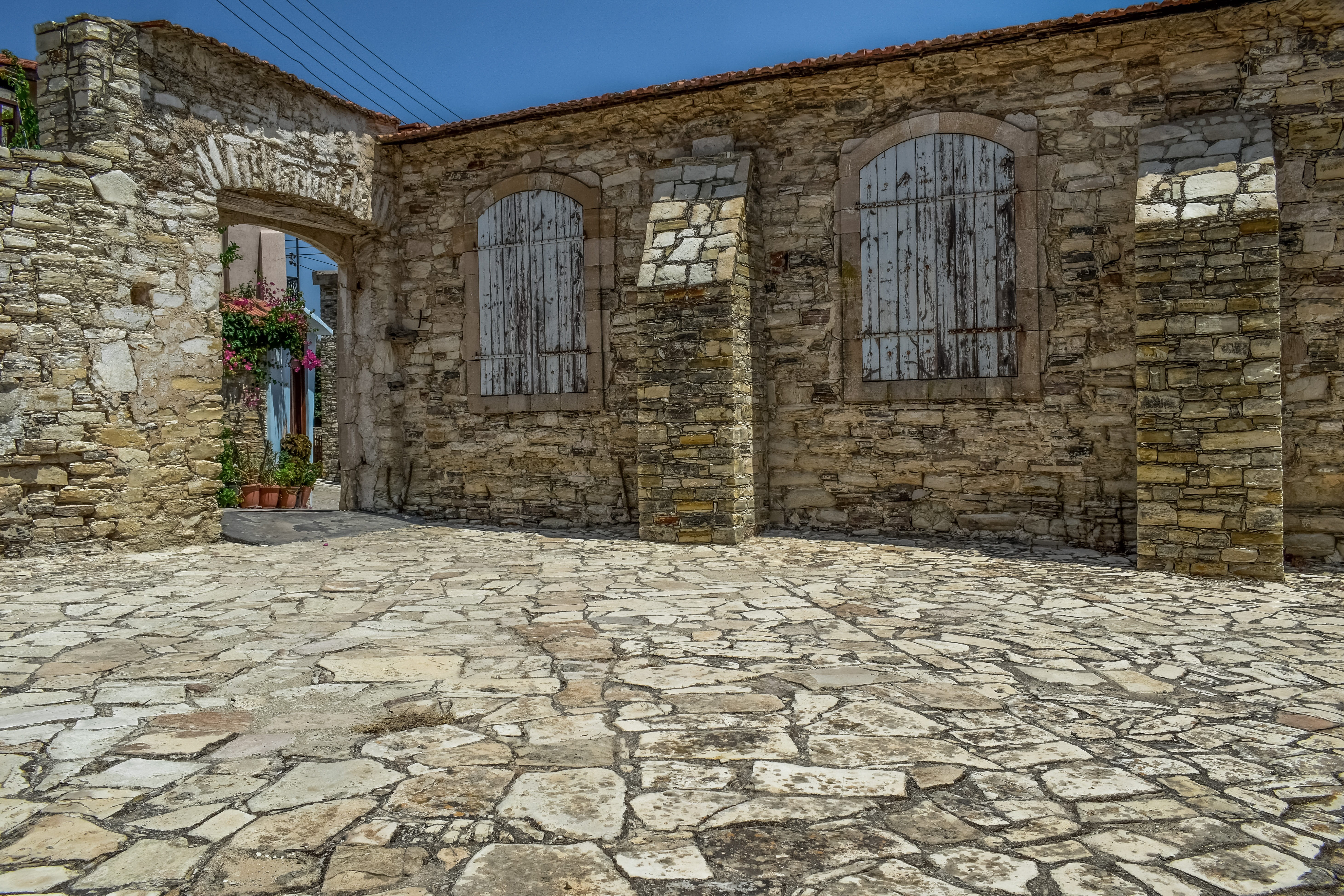 cobblestone, square, window, built structure, paving stone, solid, village, building, day, no people, city, building exterior, entrance, old, pavement, HD Wallpaper