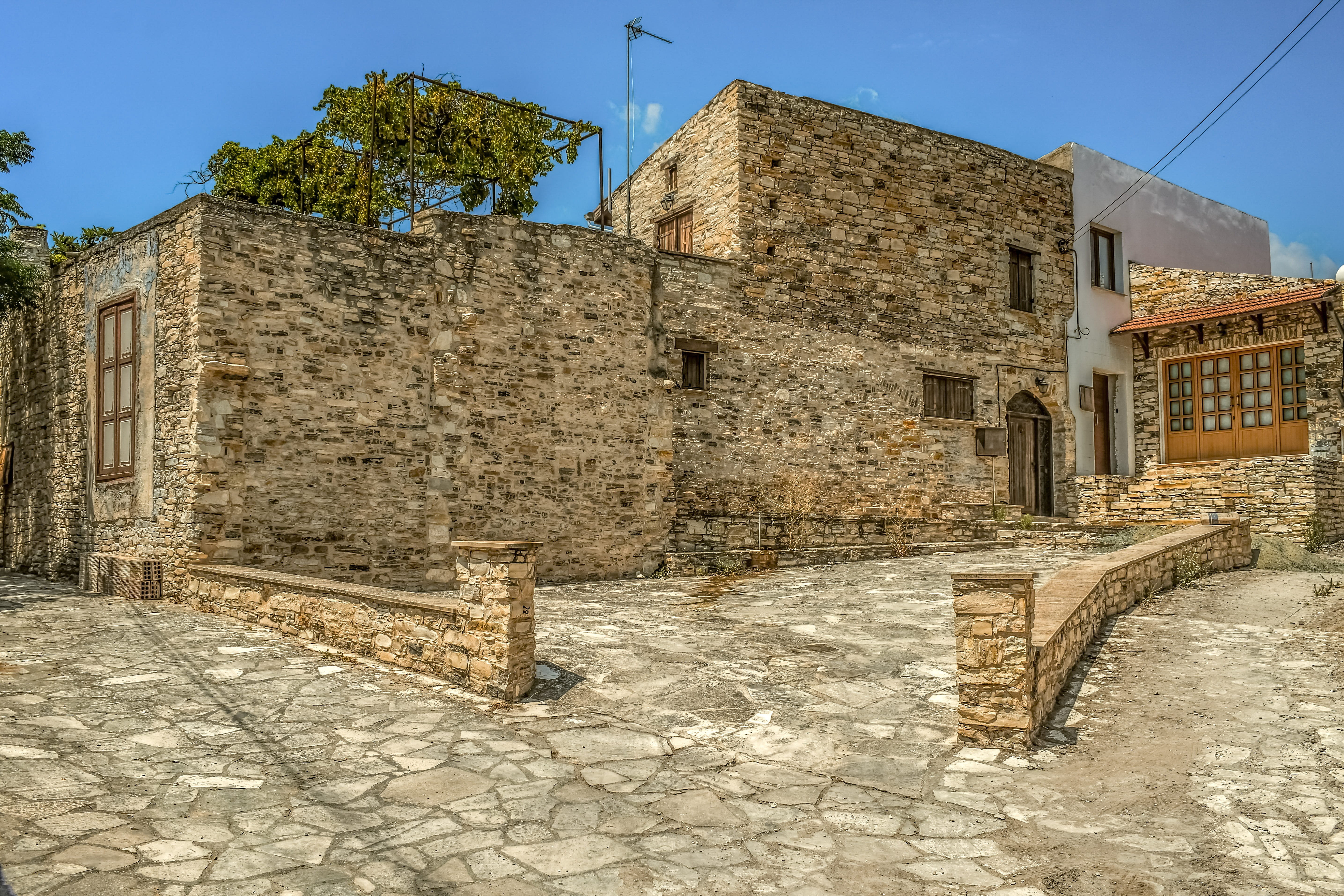 kato lefkara, cyprus, built structure, old, footpath, stone wall, history, nature, village, sunlight, architecture, 5K, stone, tree, outdoors, traditional, HD Wallpaper