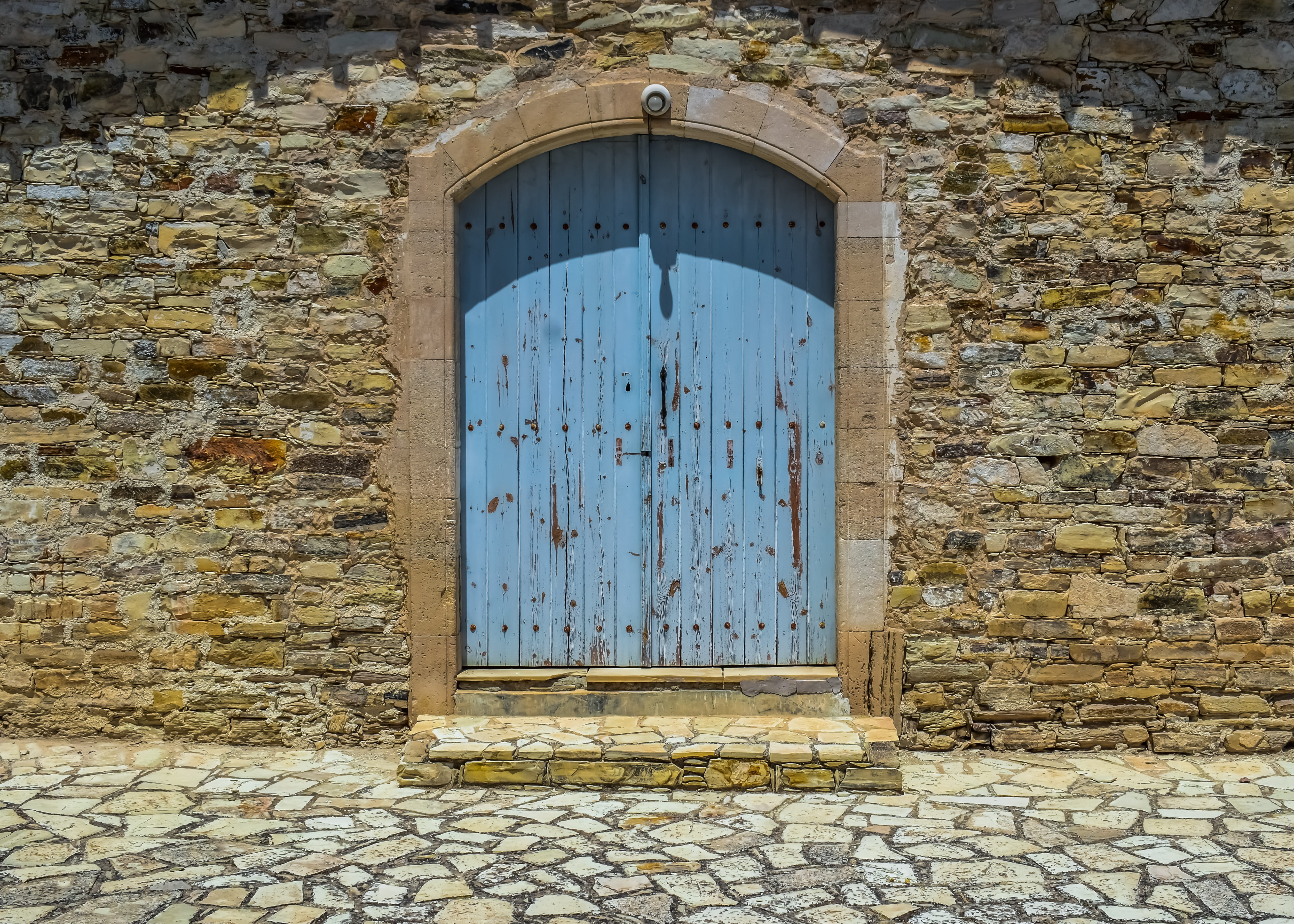 blue, building, entrance, building exterior, cobblestone, wall - building feature, kato lefkara, outdoors, 5K, architecture, village, safety, protection, HD Wallpaper