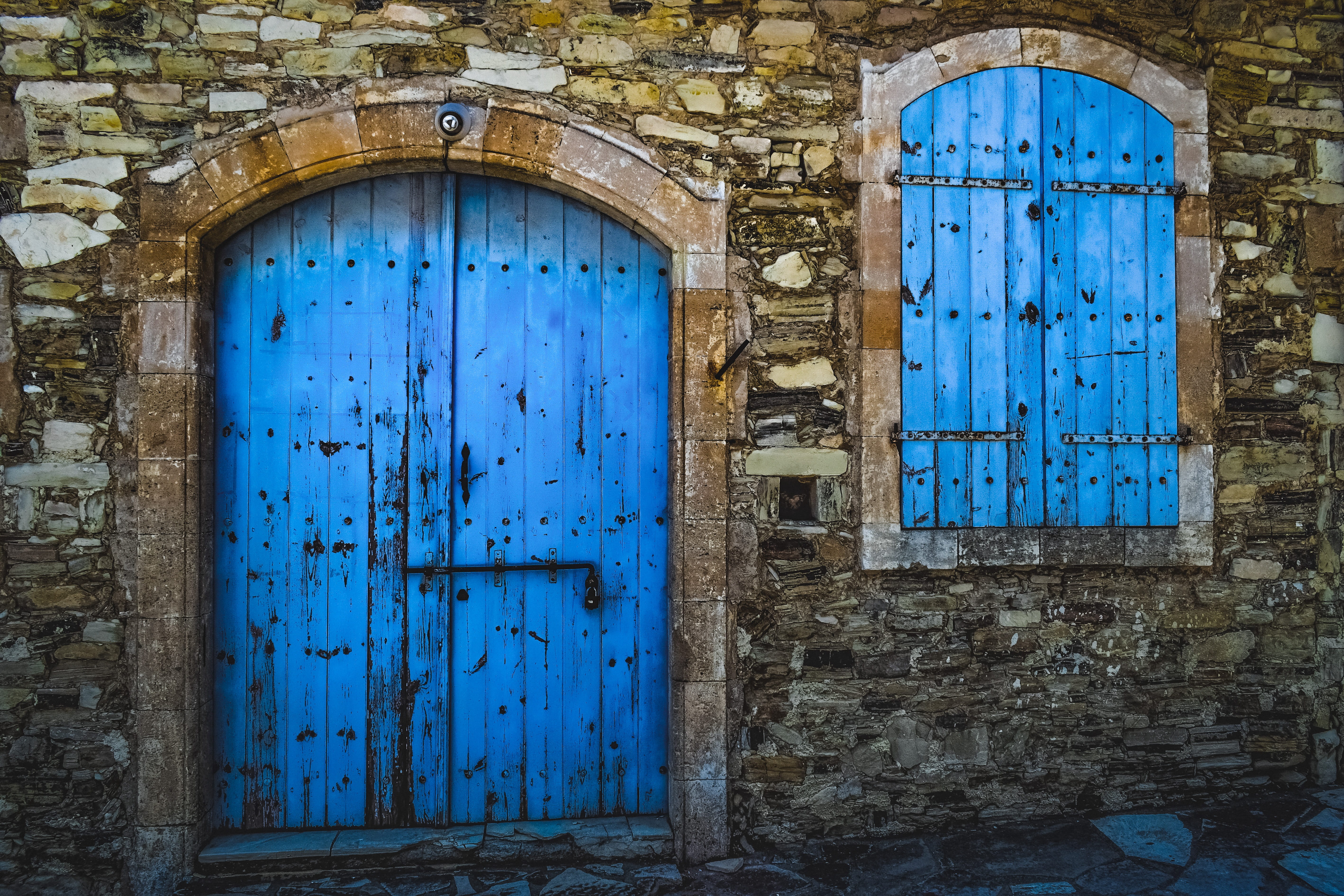 old, window, house, arch, built structure, architecture, traditional, village, building exterior, protection, closed, stone wall, wall, blue, security, HD Wallpaper