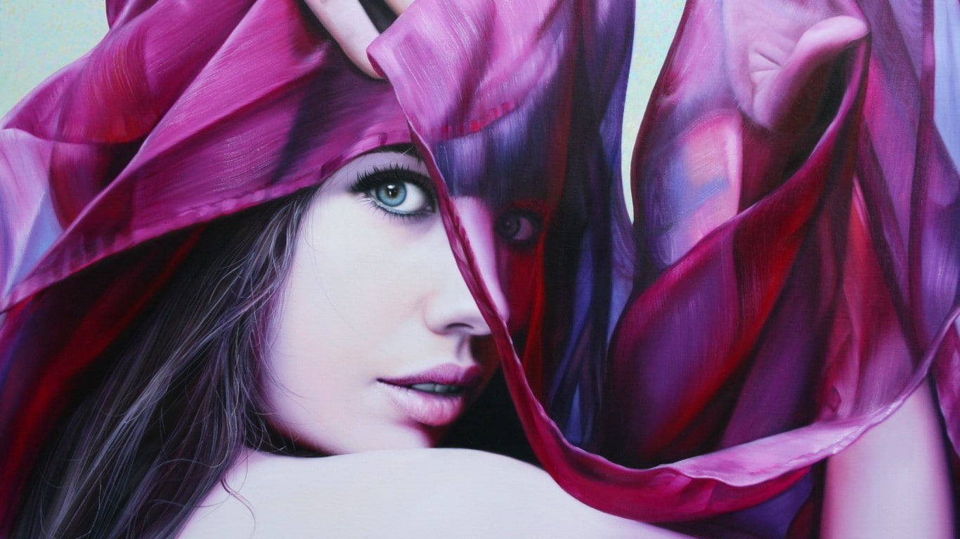 hairstyle, blue eyes, contemplation, veil, close-up, hood - clothing, fashion, Christiane Vleugels, hair, painting, women, headscarf, females, wind, beautiful people, HD Wallpaper