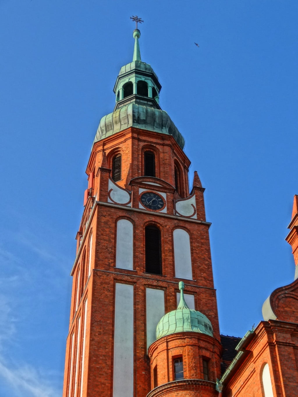 tower, sky, low angle view, day, monument, clock tower, building exterior, no people, clock, clear sky, blue, religious, bydgoszcz, poland, holy trinity church, Phone HD Wallpaper