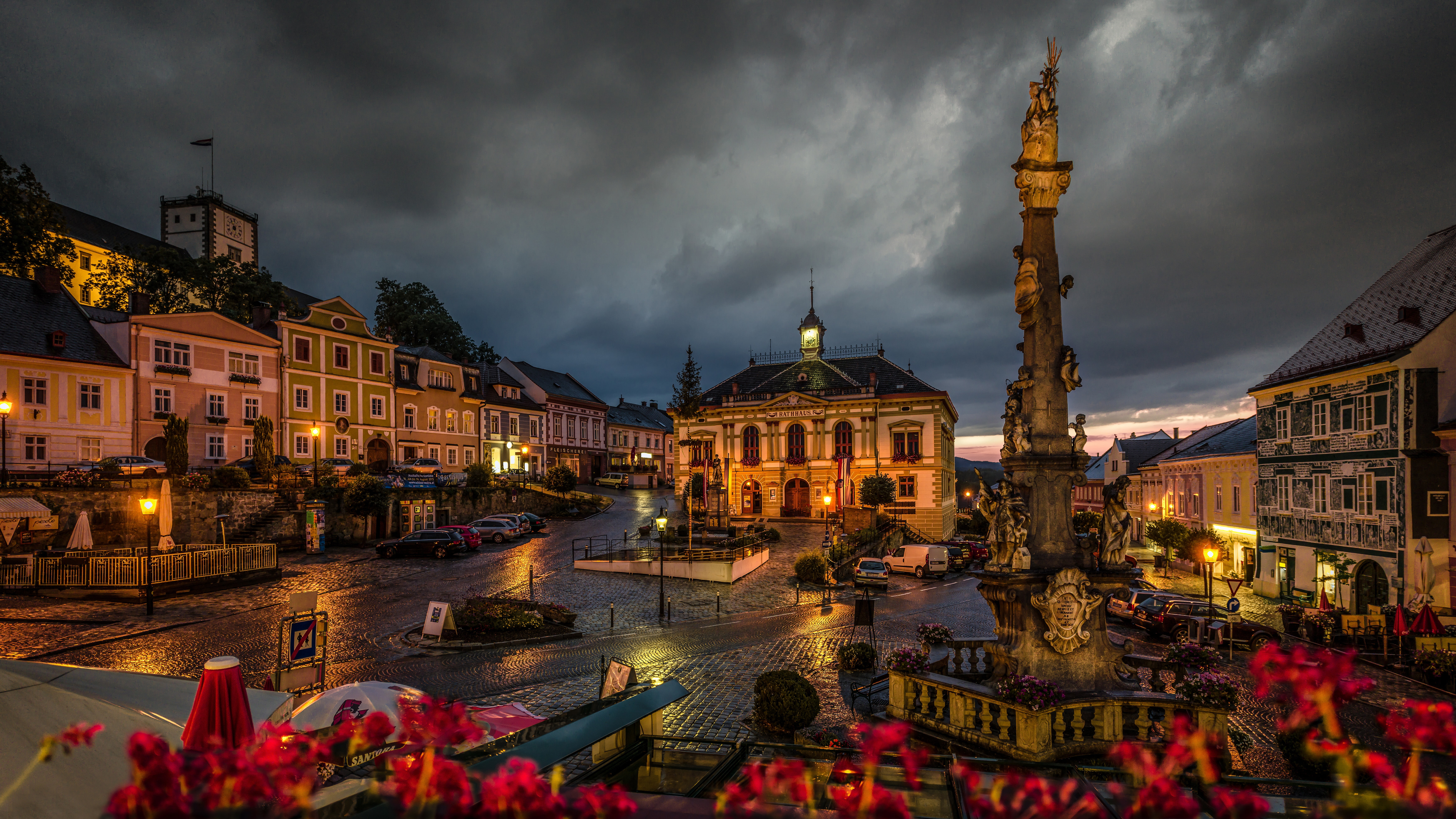 building, Plague column, Trinity Column, The Holy Trinity Column, Vitra, night city, town hall, Weitra, 5K, Lower Austria, area, Austria, HD Wallpaper