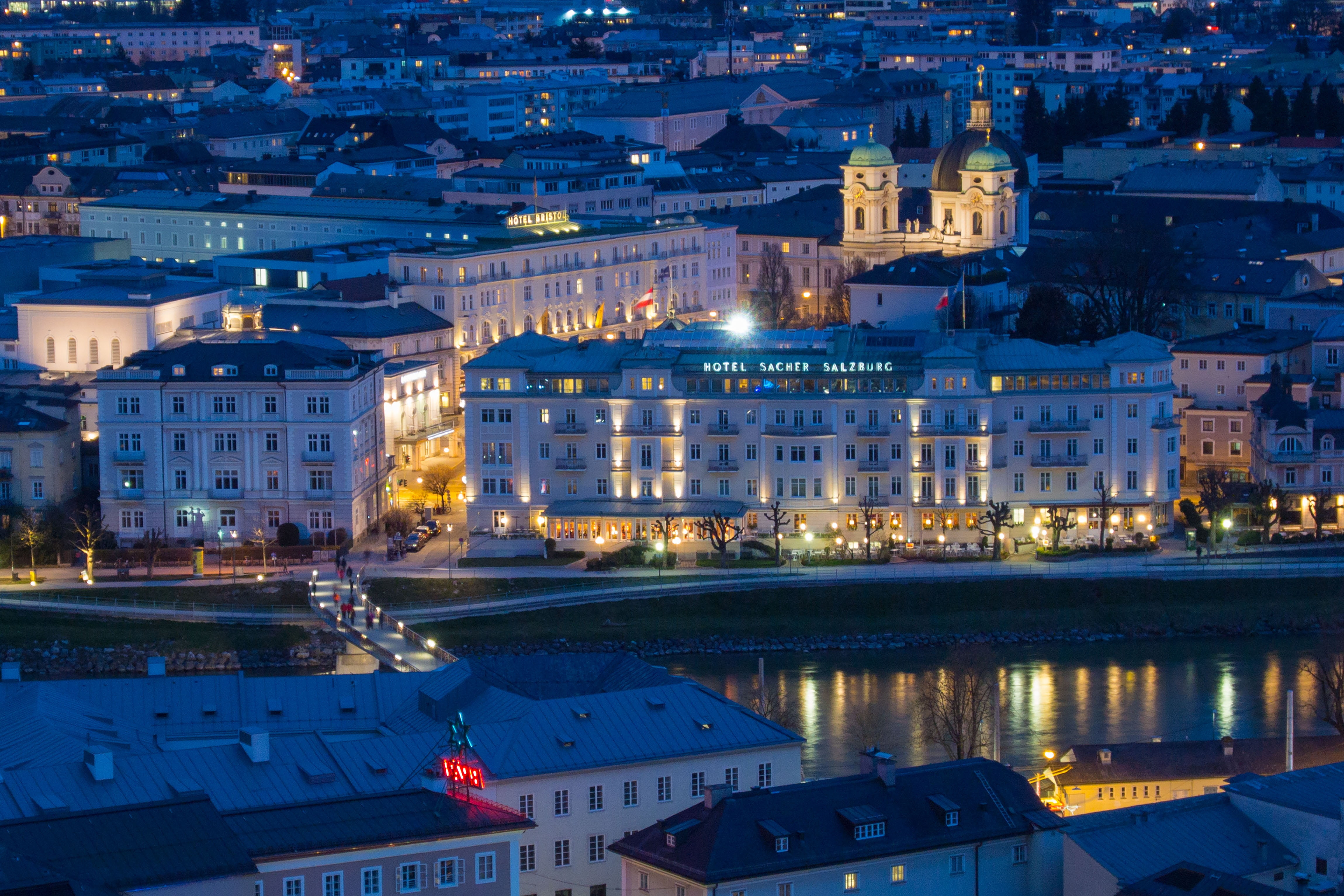 no people, water, residential district, blue, view, dusk, hour, buildings, city, nature, illuminated, austria, abendstimmung, salzburg, building exterior, HD Wallpaper