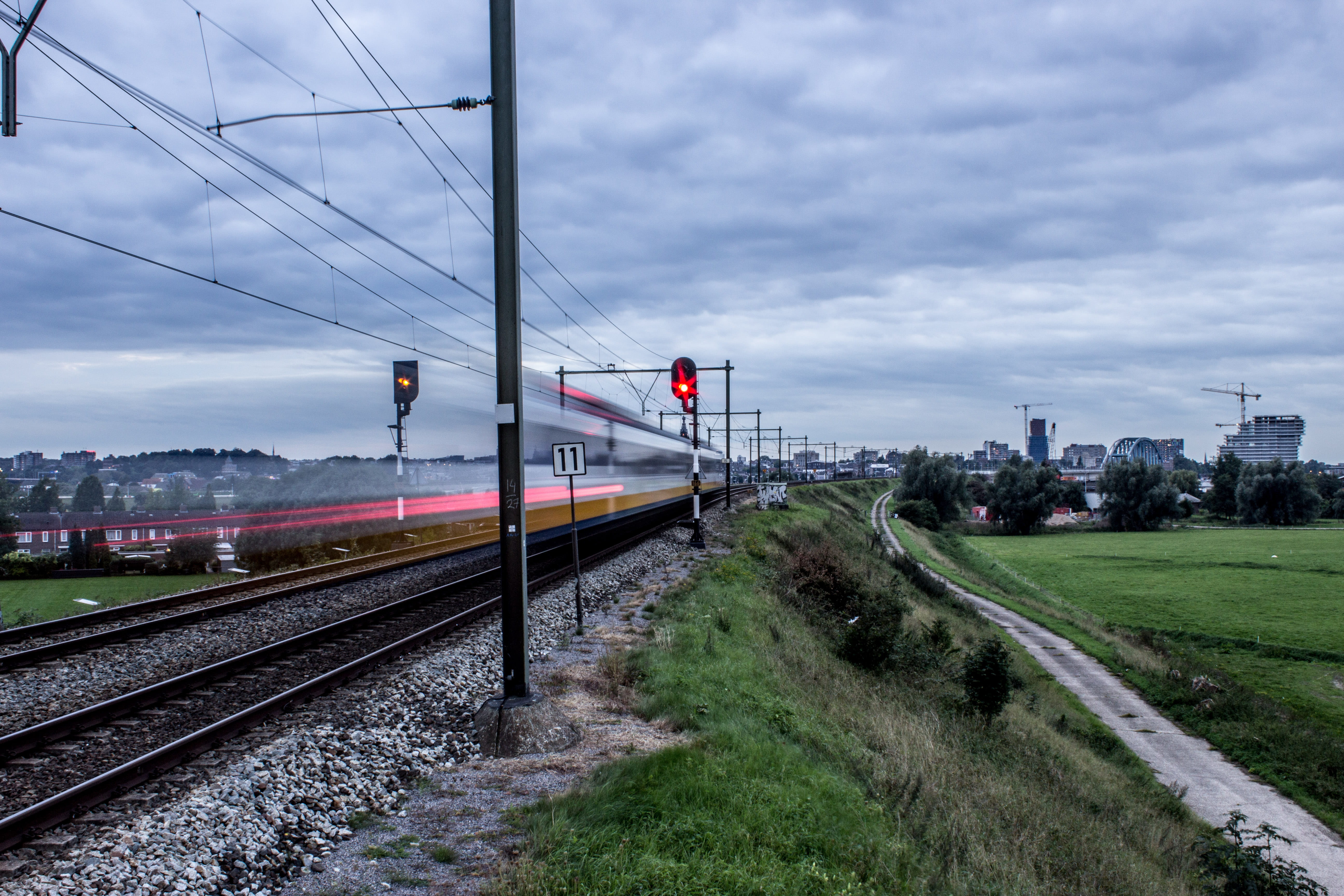 no people, sky, train, power supply, cable, grass, mode of transportation, day, long exposure, railroad track, electricity, public transportation, building exterior, HD Wallpaper
