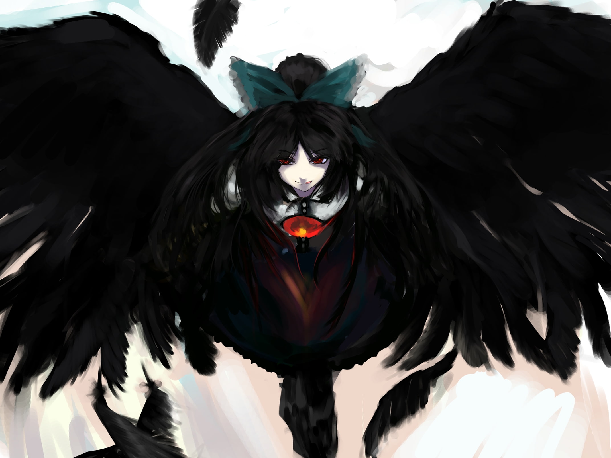 video, Video Games, eye, black, Touhou, eyes, 1080P, utsuho, art, third, wings, hair, red, games, reiuji, hd, x, HD Wallpaper