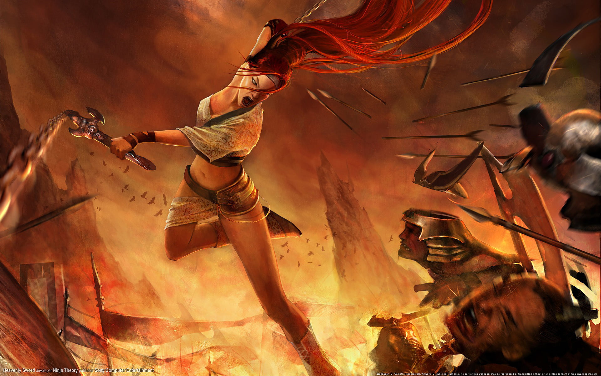 character, fire - natural phenomenon, occupation, red, Nariko, blow, weapons, Heavenly Sword, nature, game, group of people, orange color, 1080P, pain, HD Wallpaper