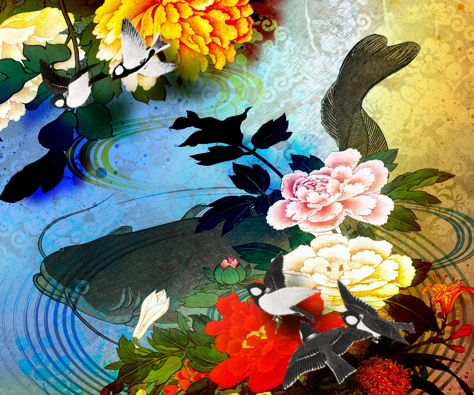animals, ripple, music, 1080P, flowers, heavenly, water, fish, blue, koi, HD Wallpaper