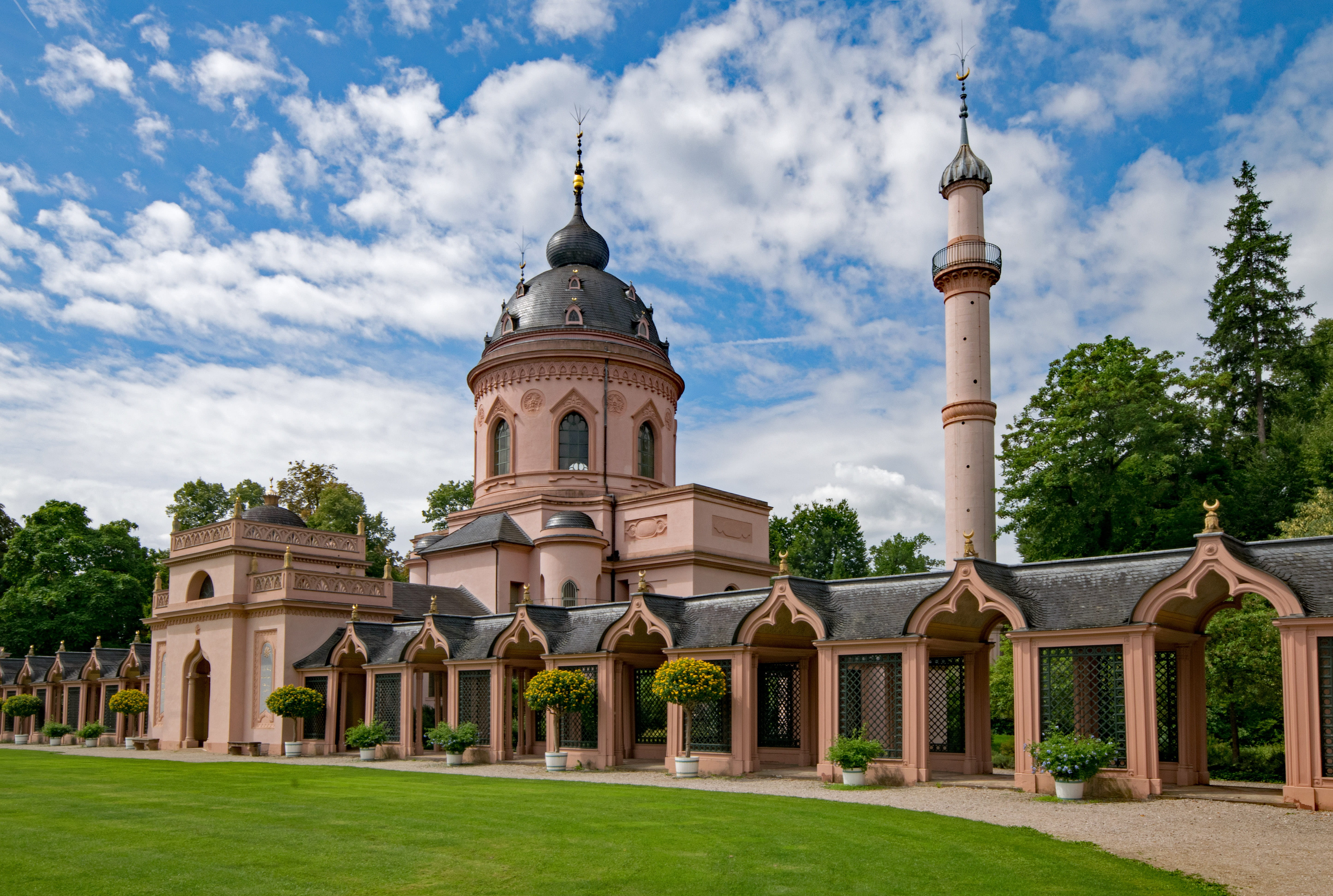 place of worship, 5K, red mosque, travel destinations, baden württemberg, faith, cloud - sky, schlossgarten, architecture, travel, orient, history, tree, HD Wallpaper