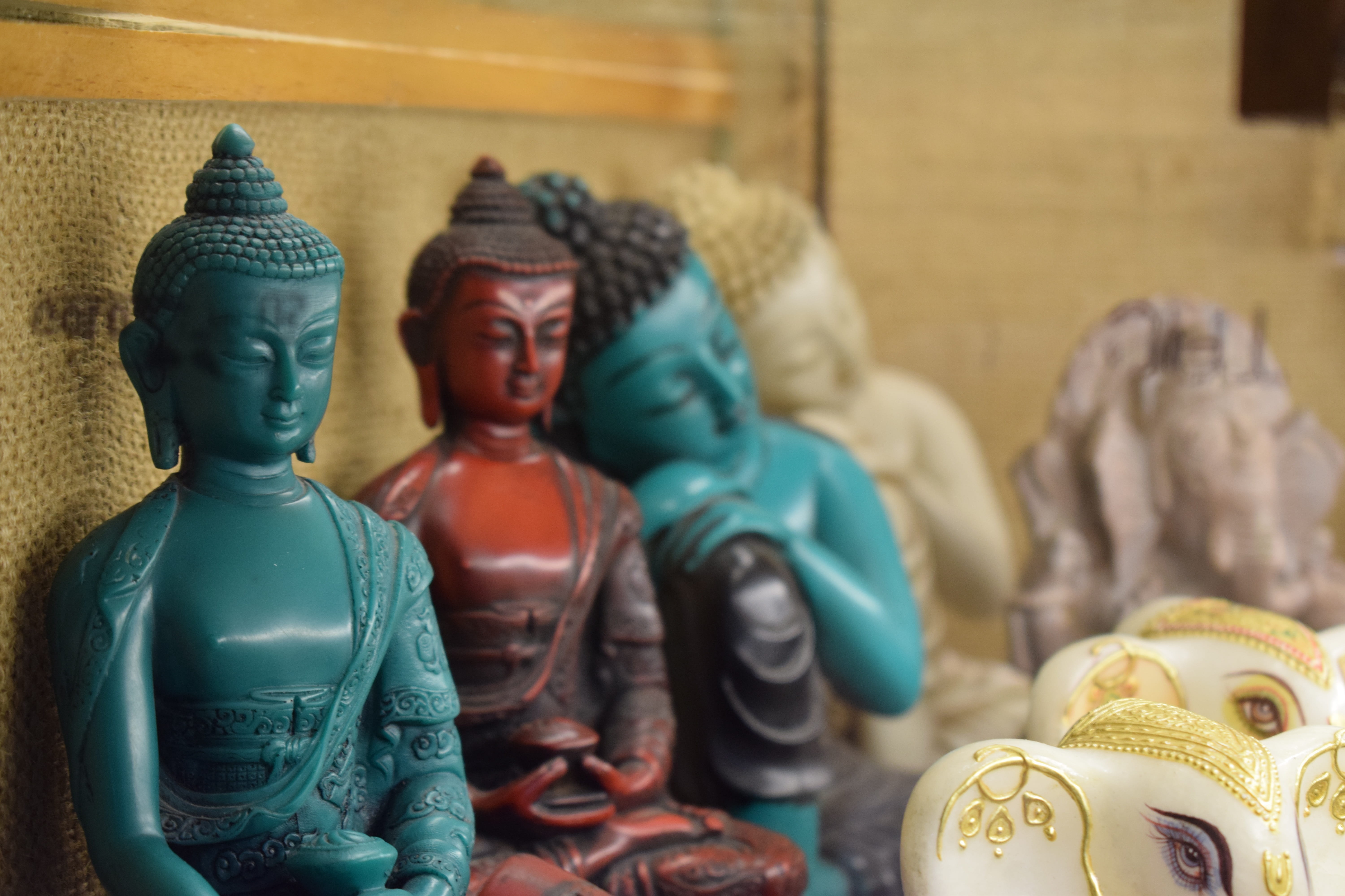 figurine, gods, indoors, in a row, belief, peace, sculpture art, close-up, spirituality, enlightenment, statue, retail display, religion, 5K, antique, HD Wallpaper