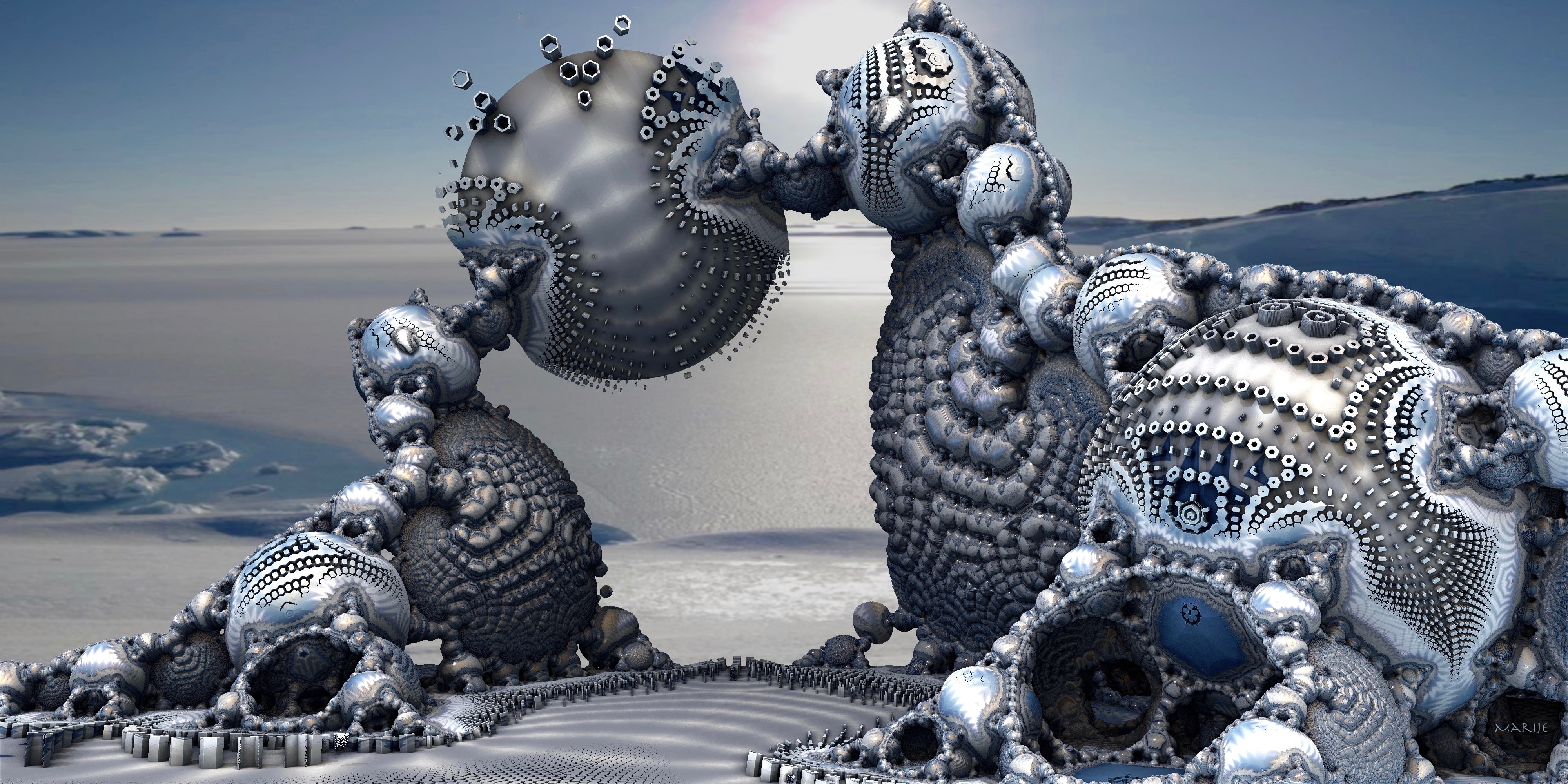 sea lions, 3D art, shore, ball game, 4K, playing ball, geometric shapes, fractal, HD Wallpaper