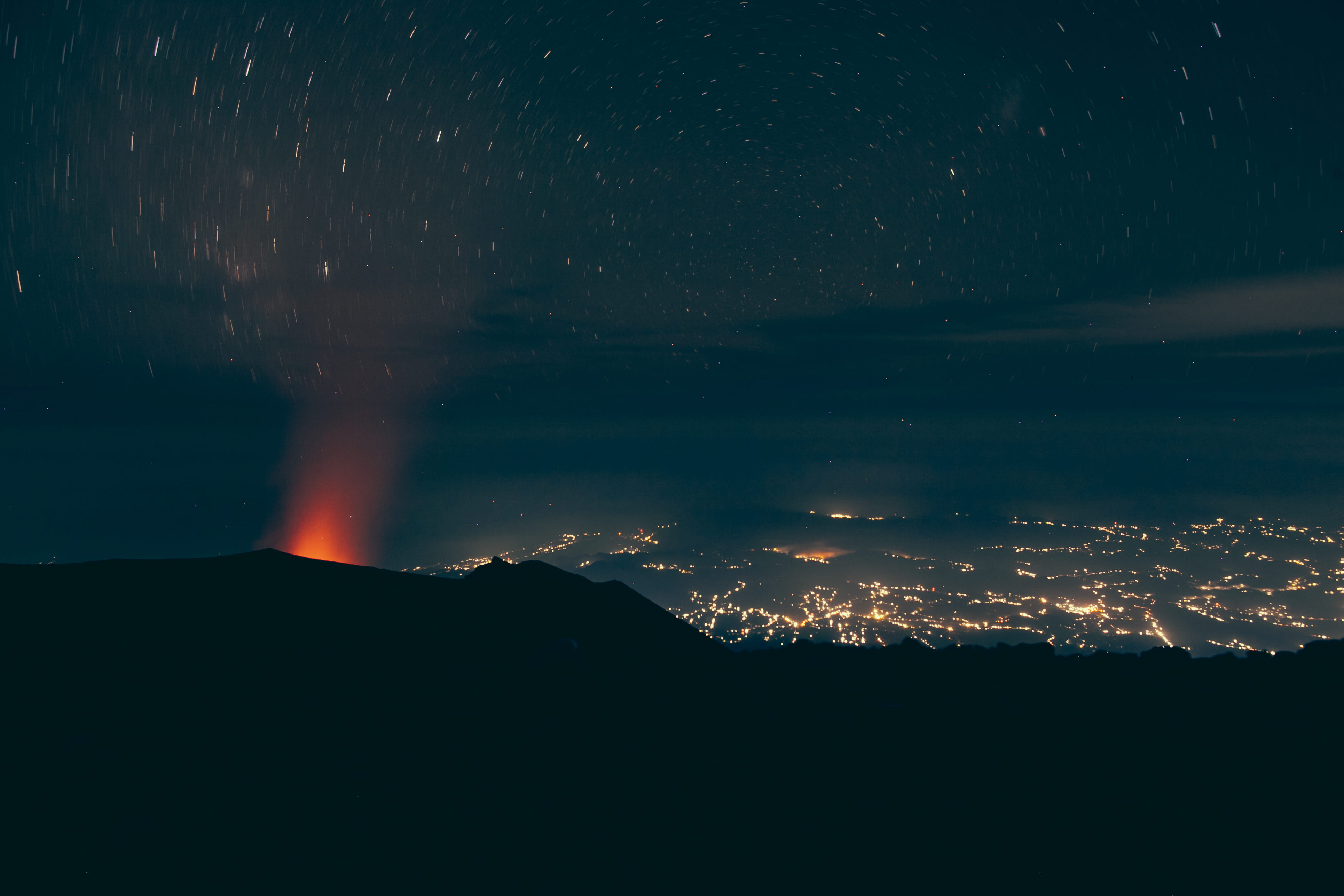 power in nature, city, lava, cityscape, space, eruption, environment, indonesia, tranquility, star - space, stars, mountain, semeru, illuminated, idyllic, HD Wallpaper
