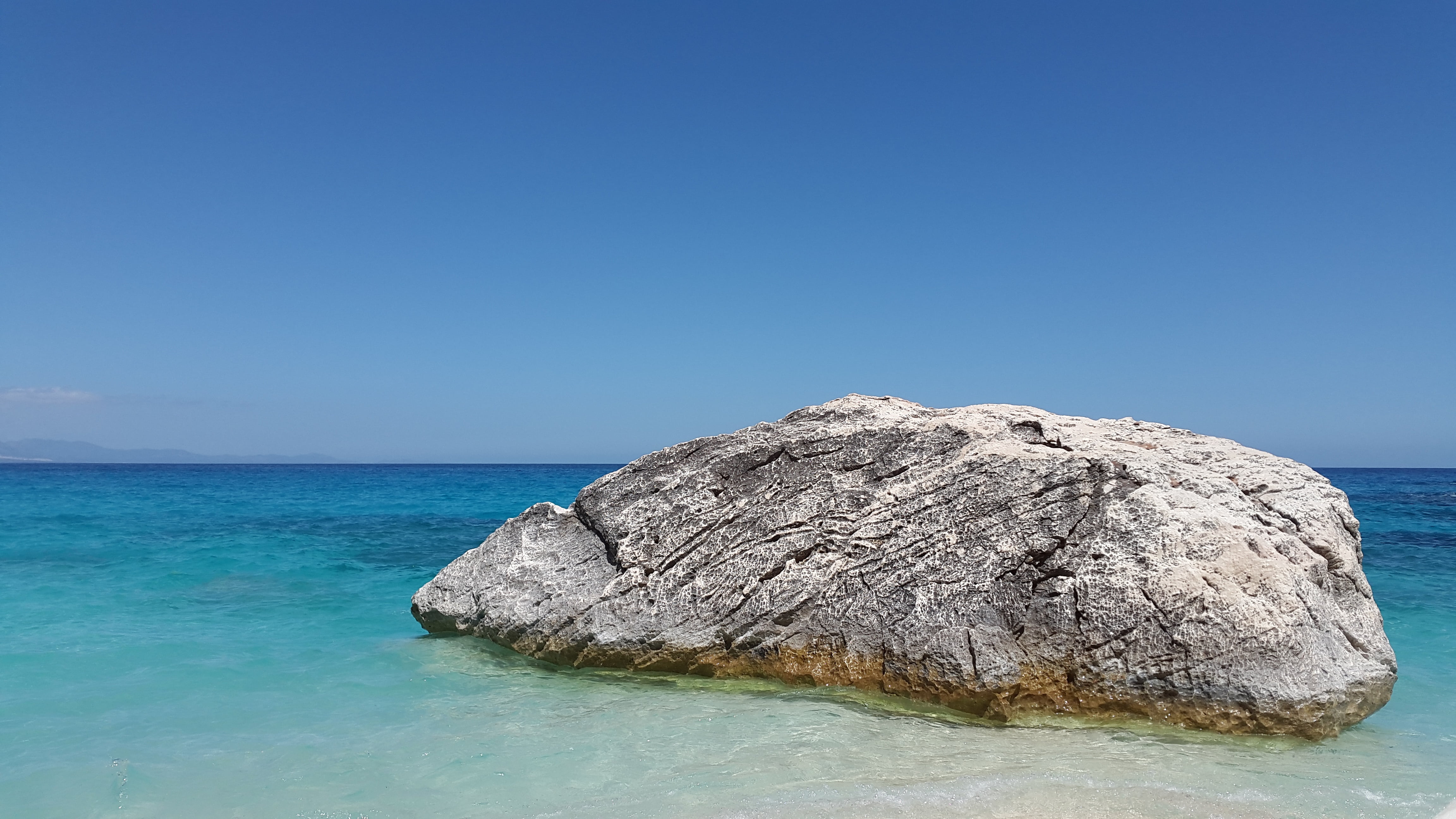 sea, sky, blue, tranquility, stone, day, mediterranean, turquoise, idyllic, holiday, beautiful, cala goloritzè, 4K, horizon over water, holidays, tranquil scene, HD Wallpaper