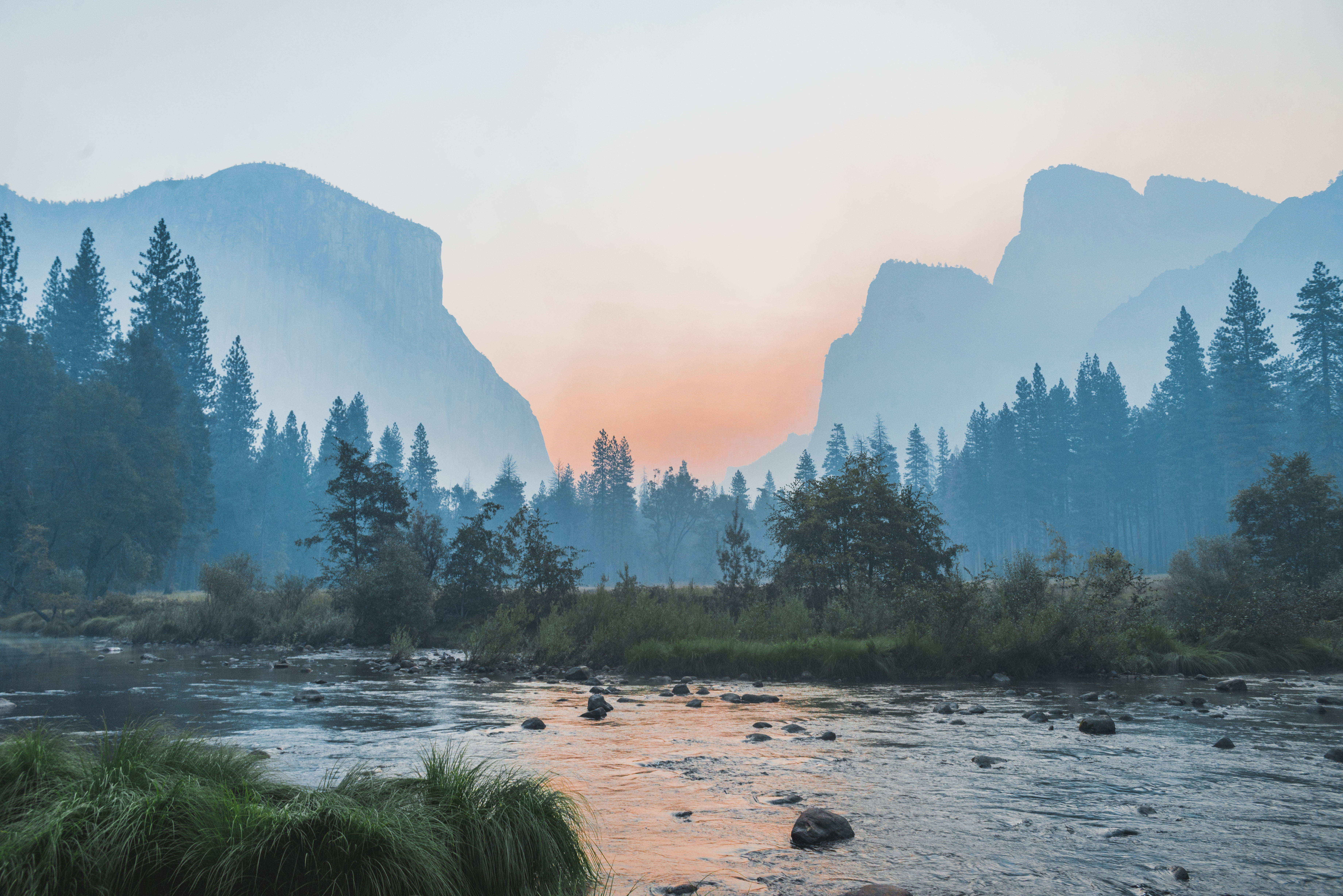 scenic, hot, water, body, landscape, plant, mountain, sunset, sky, morning, rock, sun, pine woodland, haze, rock - object, outdoors, summer, lake, trees, HD Wallpaper