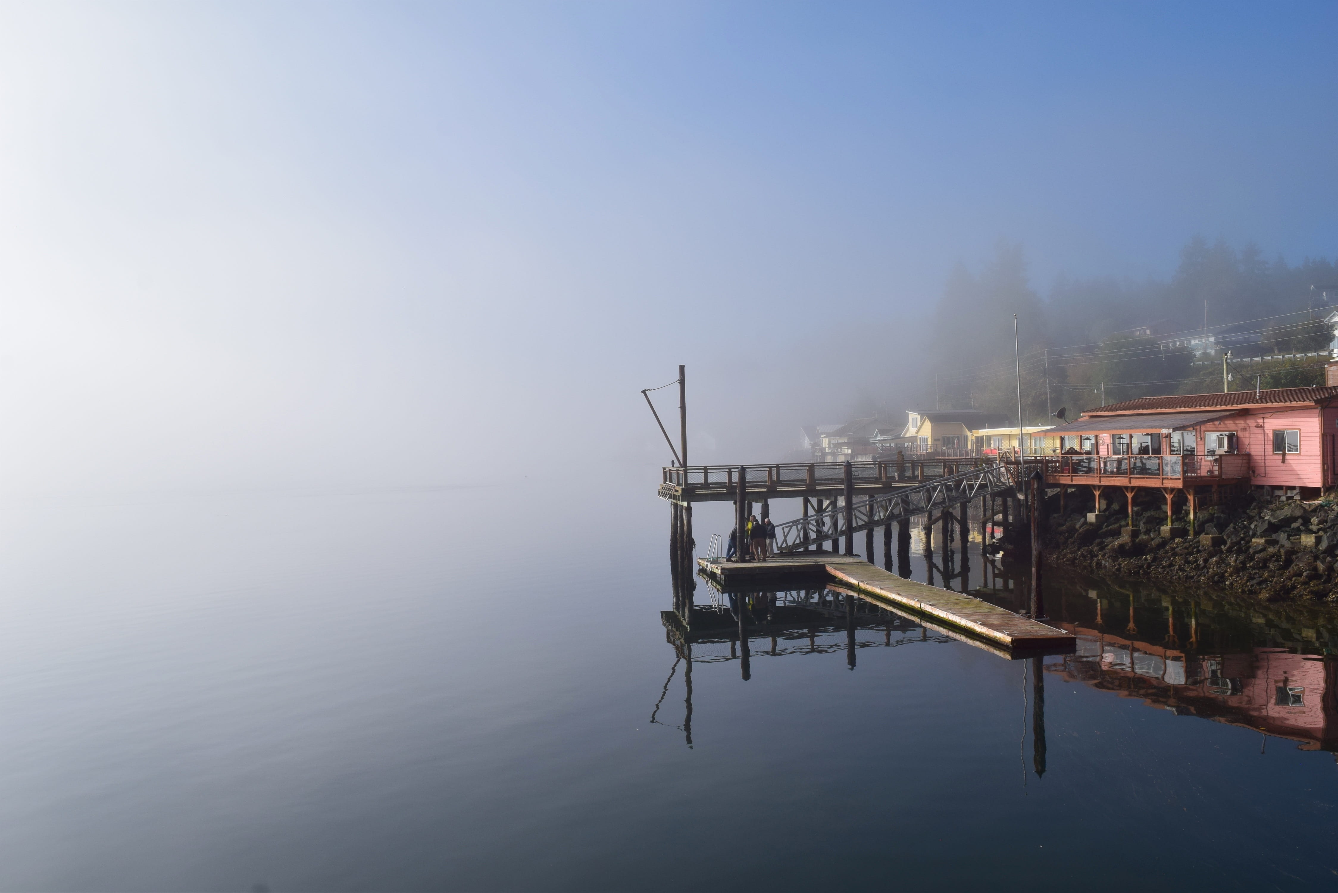tranquil scene, copy space, water, sunlight, scenics - nature, tranquility, haze, non-urban scene, built structure, nature, house, dark, no people, atmospheric, HD Wallpaper