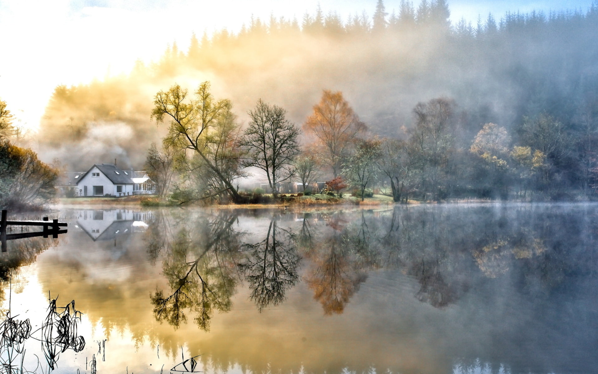 1080P, scenic, houses, dock, shine, morning, forest, fall, trees, landscapes, haze, architecture, fog, water, seasons, mist, pier, shore, lakes, glass, HD Wallpaper