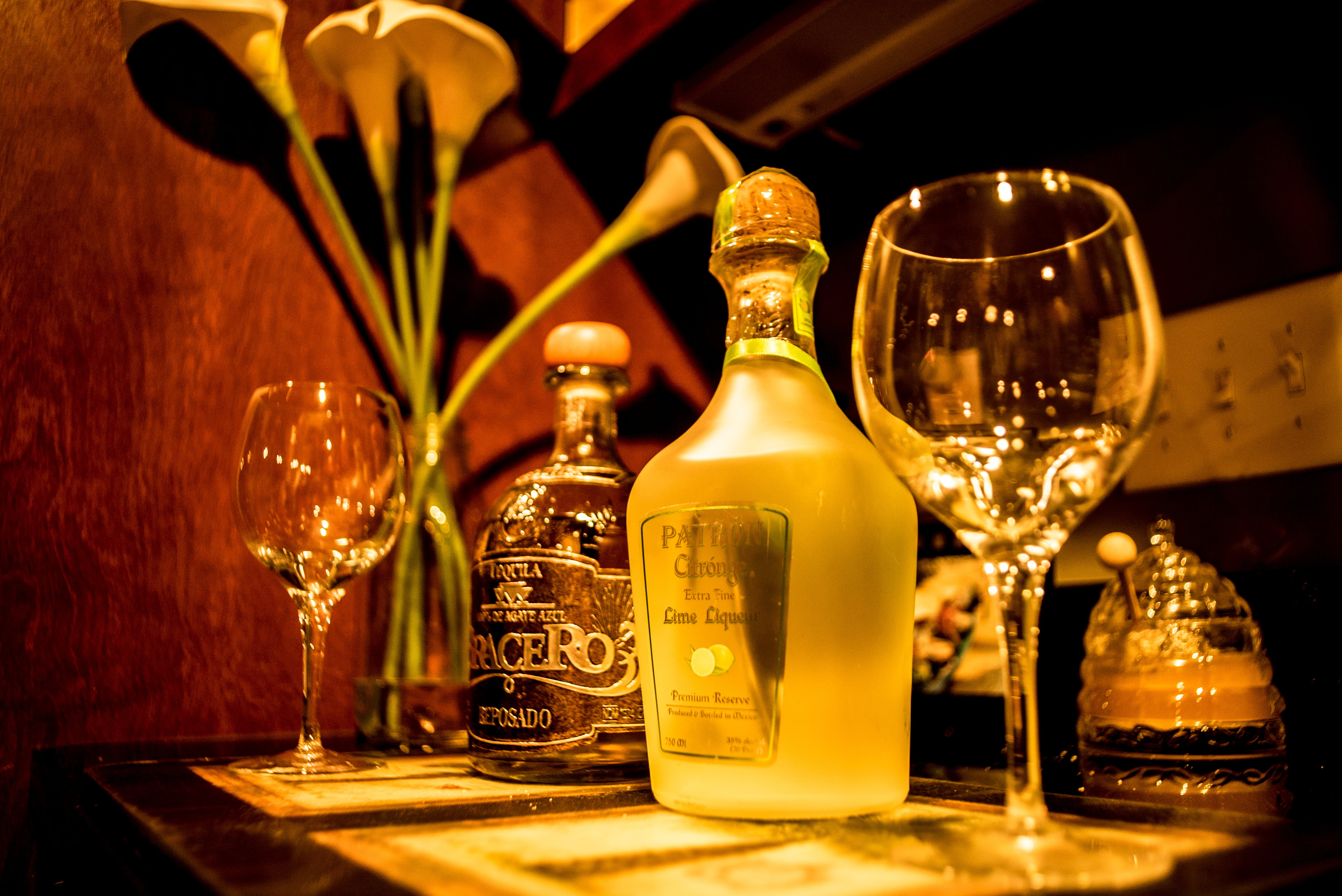 drinking glass, table, bottle, colorful, bar, alcoholic, no people, still life, glasses, margarita, container, tequila, bottles, taste, beside, luxury, HD Wallpaper