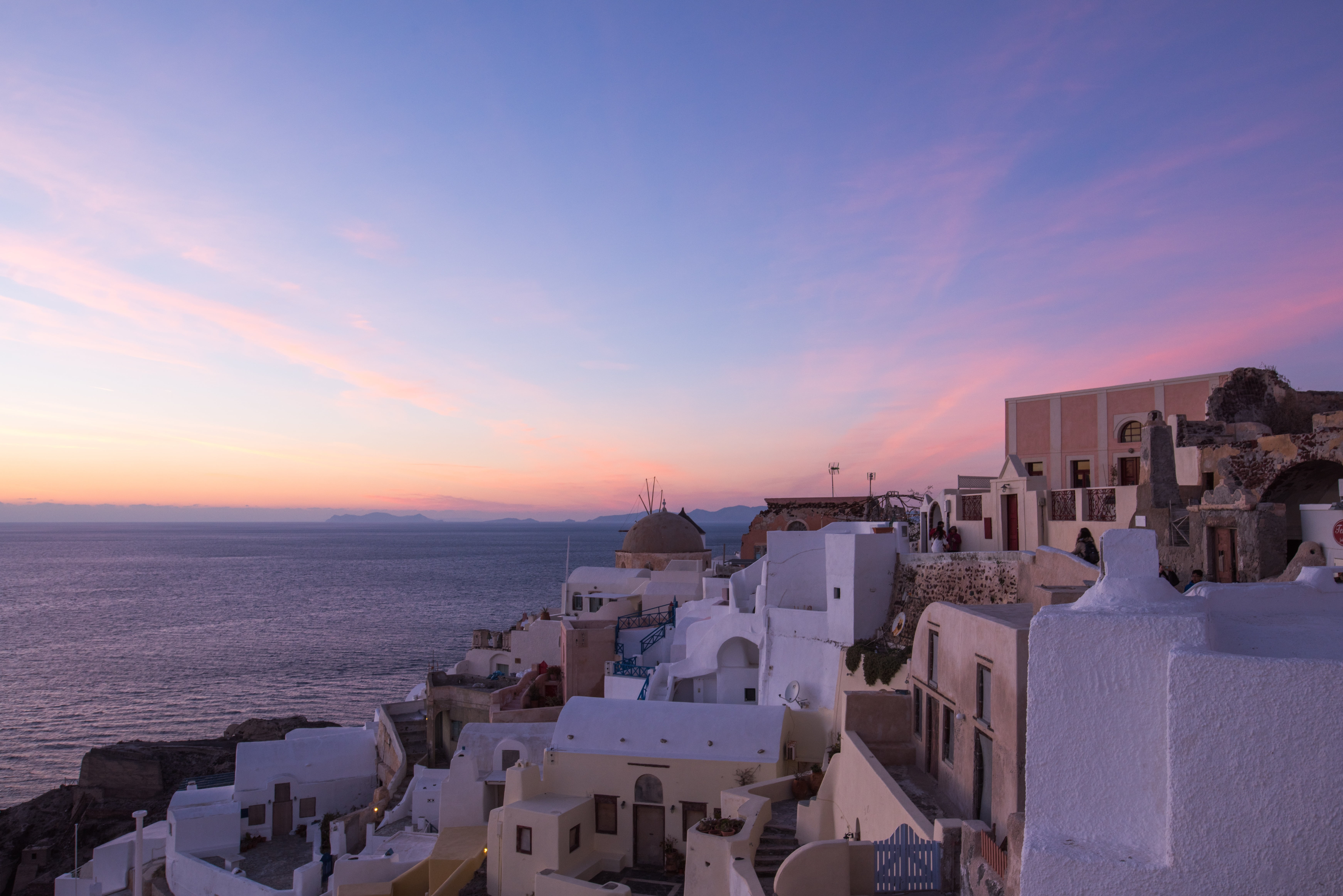 tourism, dark, 5K, town, built structure, water, santorini, travel, magic hour, building exterior, sea, greece, travel destinations, city, aegean, architecture, HD Wallpaper
