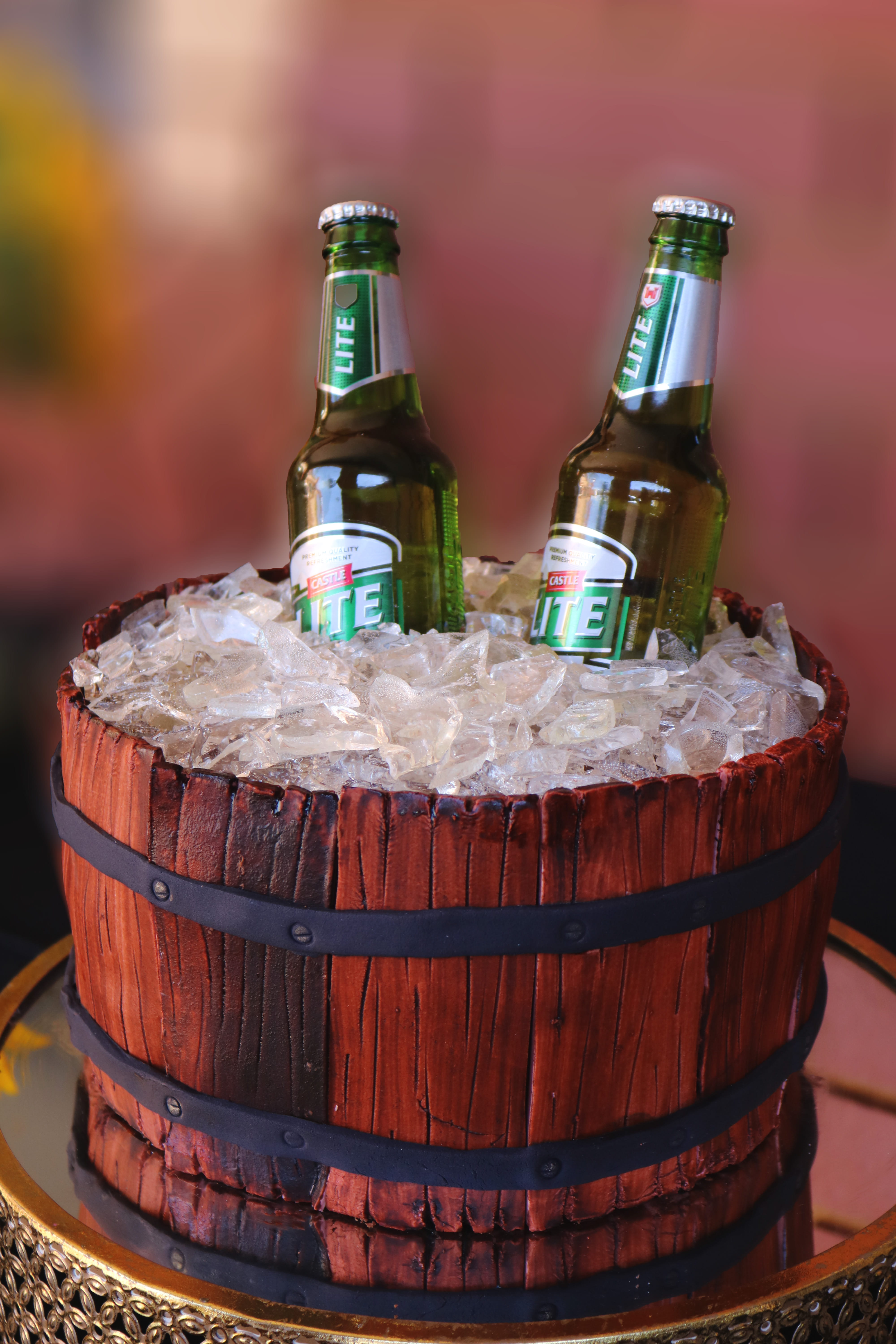 indoors, beer, focus on foreground, dessert, table, birthday cake, alcohol, wood - material, bucket, two objects, beverage, 5K, beer bottle, drink, glass - material, Phone HD Wallpaper