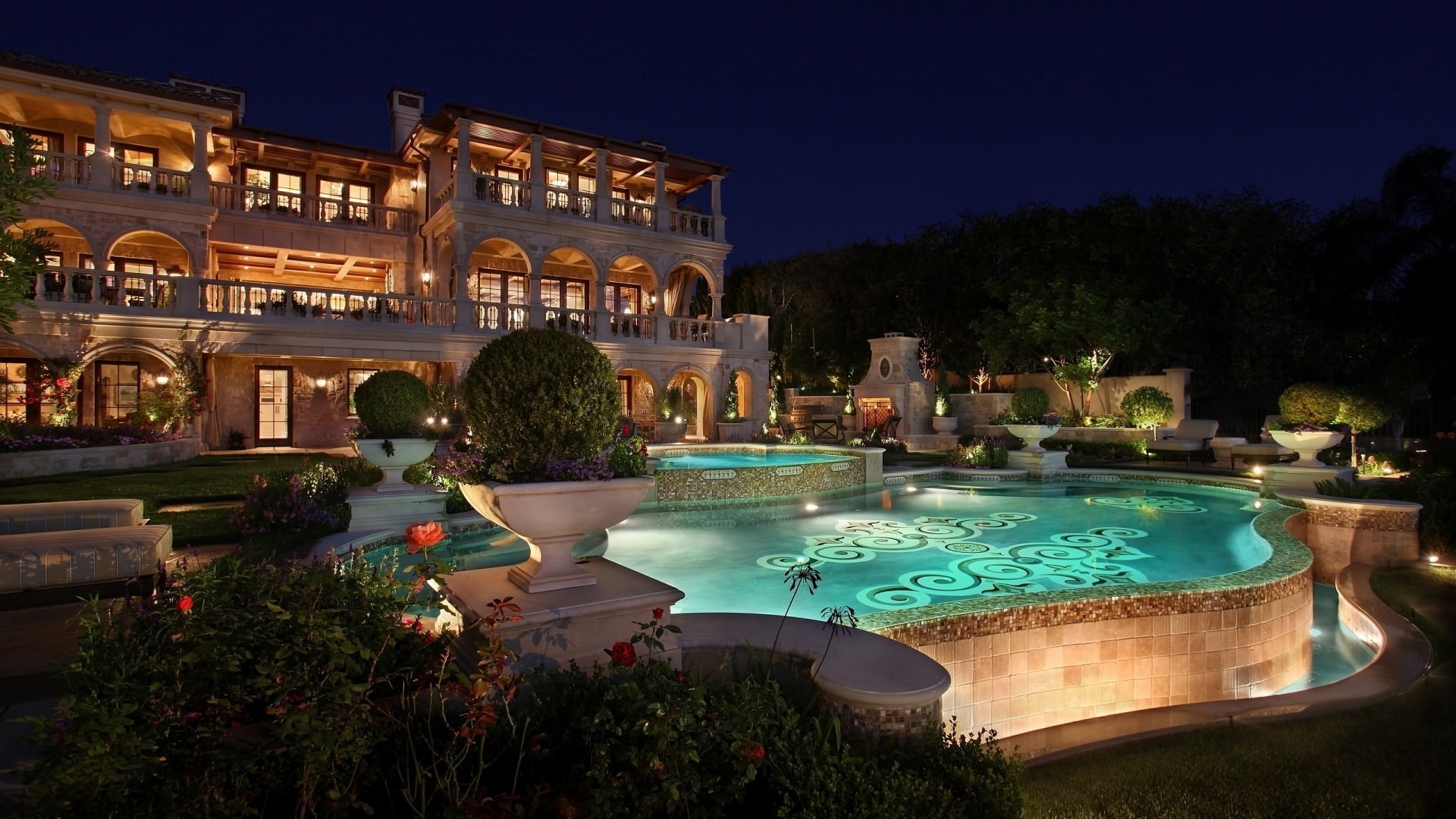 building exterior, trees., building, tree, concrete, travel destinations, interior, Jacuzzi, nature, illuminated, clear sky, sky, pool, swimming pool, the bushes, HD Wallpaper