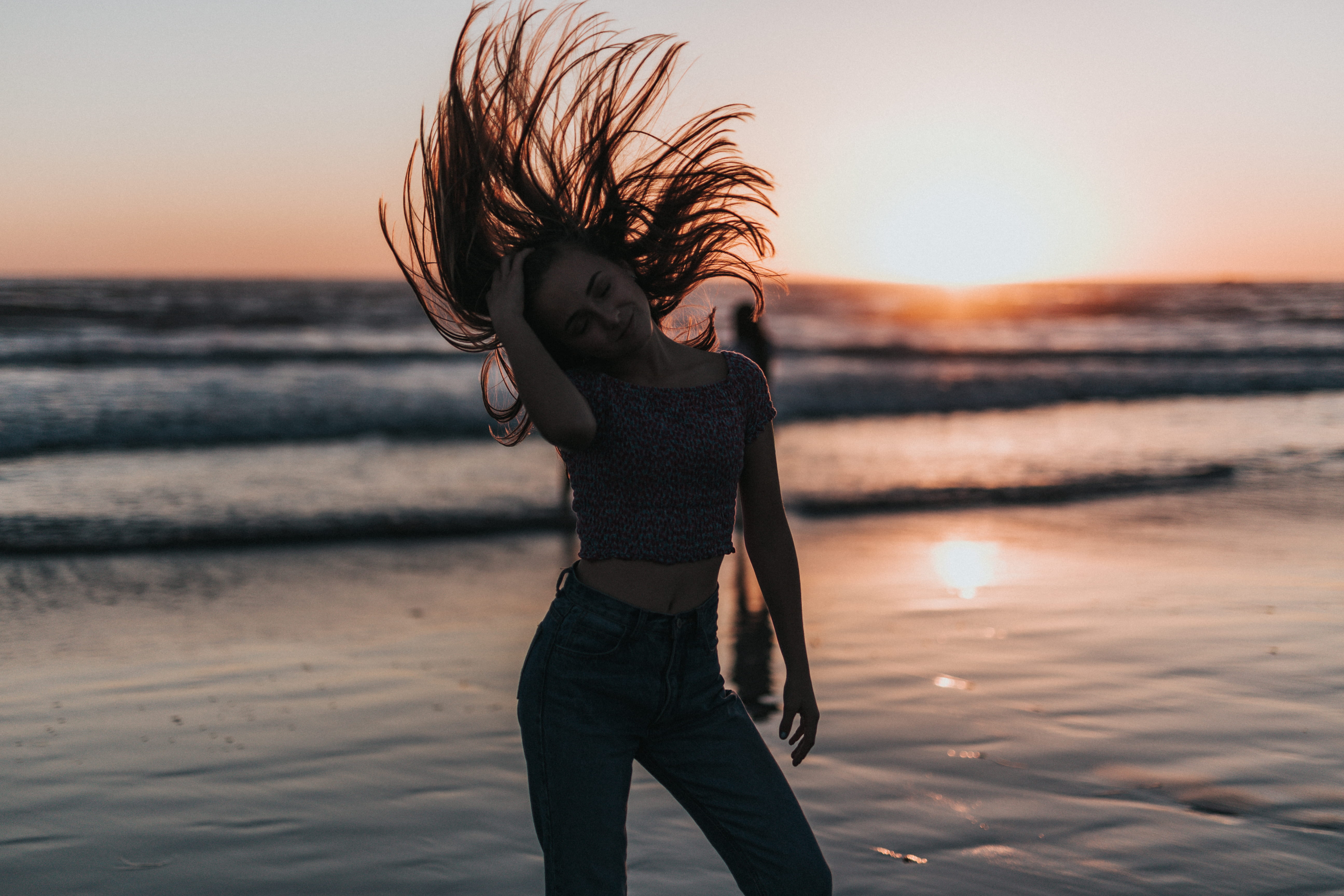 young adult, outdoors, hair, freedom, portrait, standing, young women, hairstyle, sky, sandbank, leisure activity, motion, land, one person, sunset, flipping, HD Wallpaper