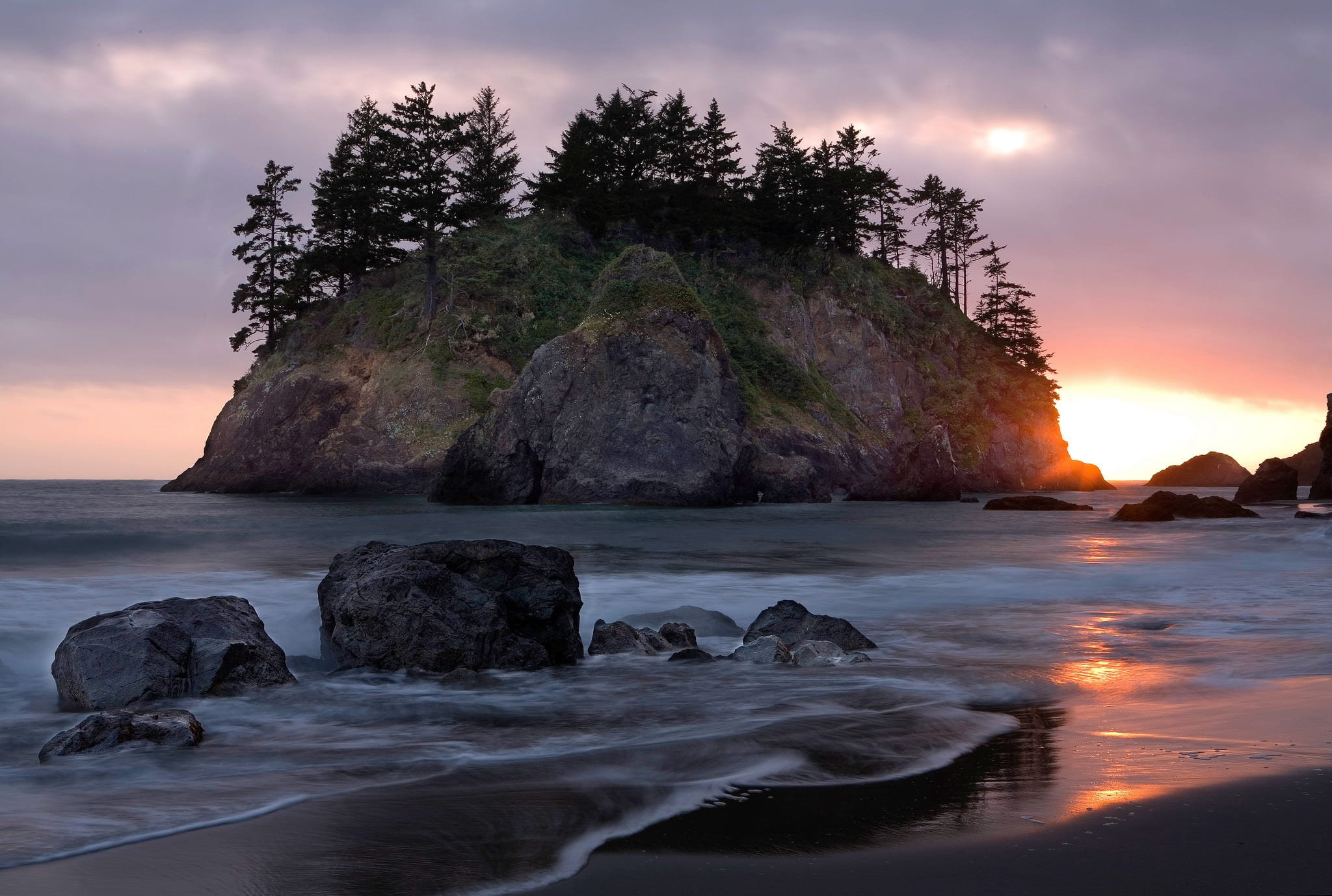 rock - object, tranquility, beach, motion, sky, sunset, beauty in nature, stack rock, waves, twilight, land, solid, cloud - sky, landscape, scenics - nature, HD Wallpaper