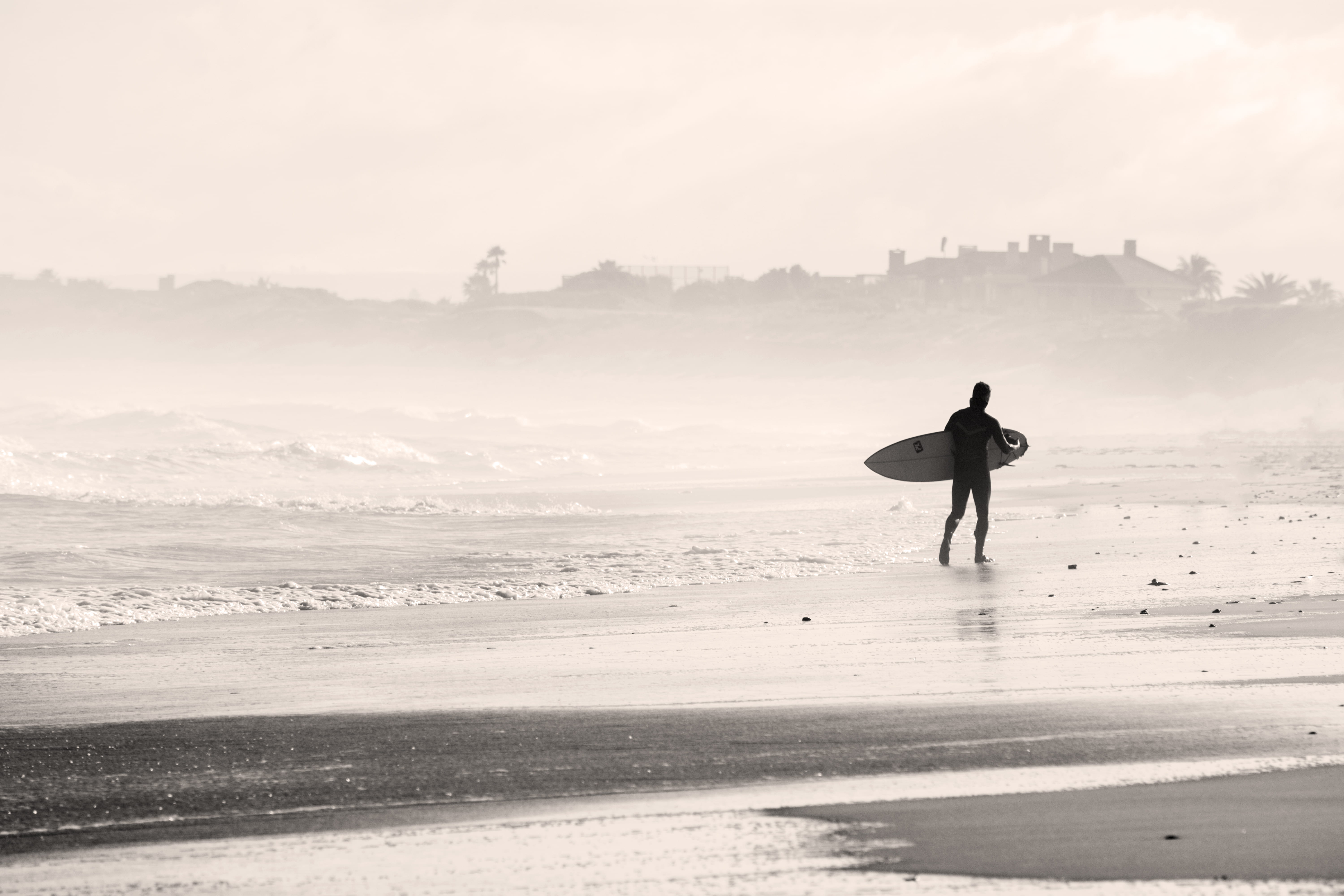 full length, photo, beach background, 5K, real people, tranquility, coastal, sandbank, surfer, grayscale, silhouette, leisure activity, land, HD Wallpaper