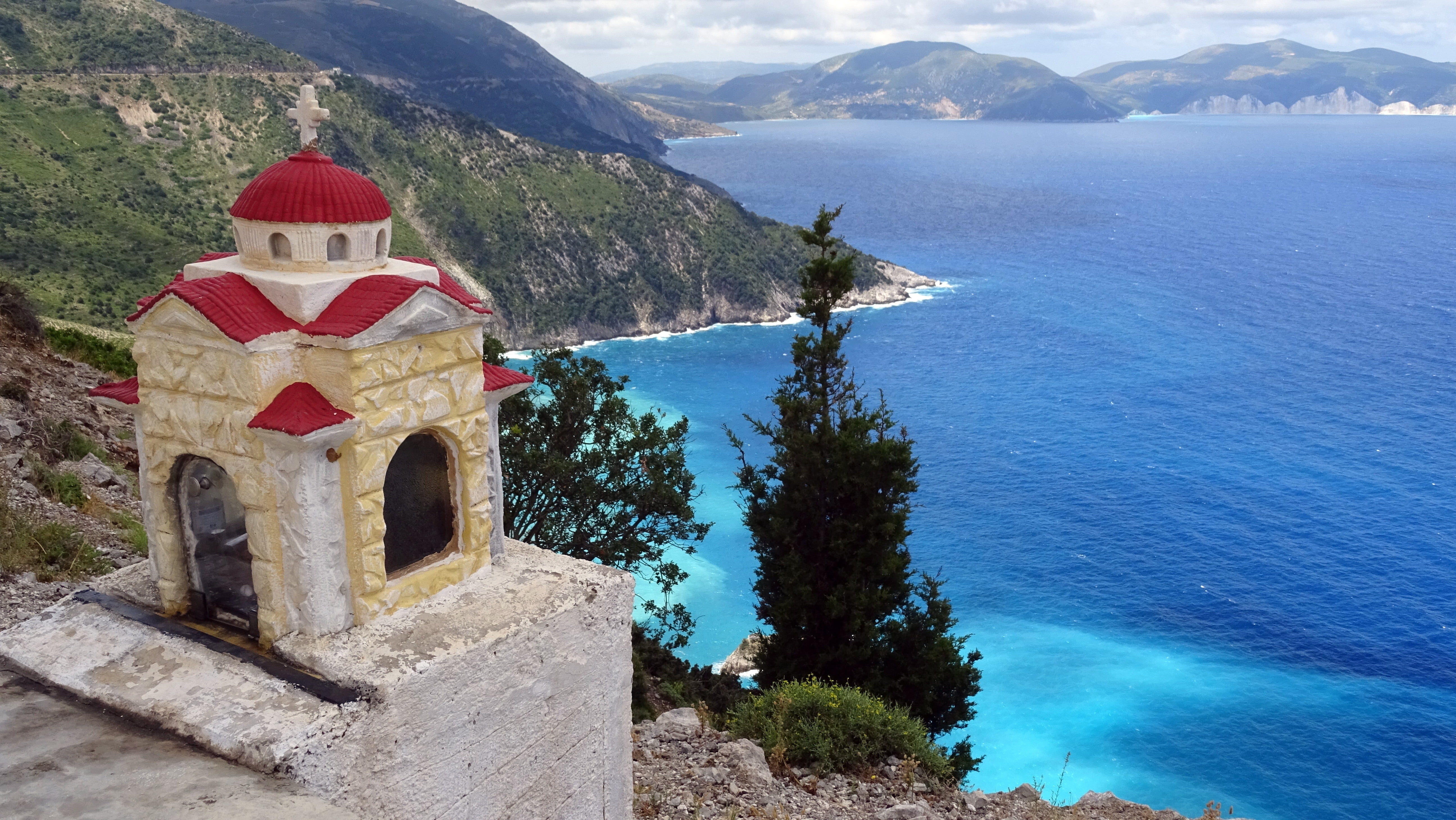 5K, no people, building, spirituality, turquoise, travel destinations, sea, outdoors, plant, scenics - nature, religion, greece, mountain, place of worship, HD Wallpaper