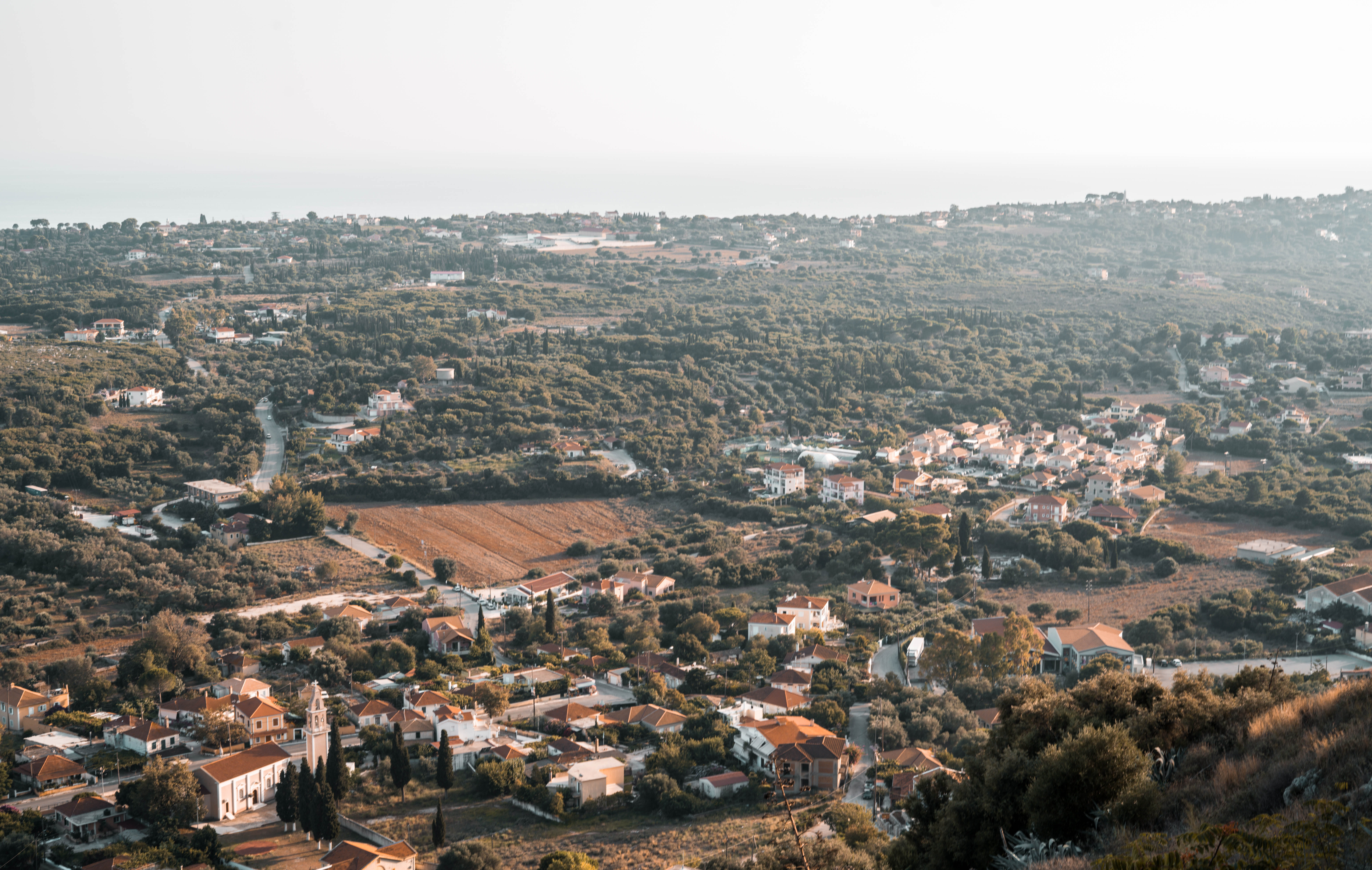 residential district, outdoors, mountains, plant, building, greek, crowded, townscape, day, tree, sky, building exterior, environment, town, greece, cephalonia, HD Wallpaper