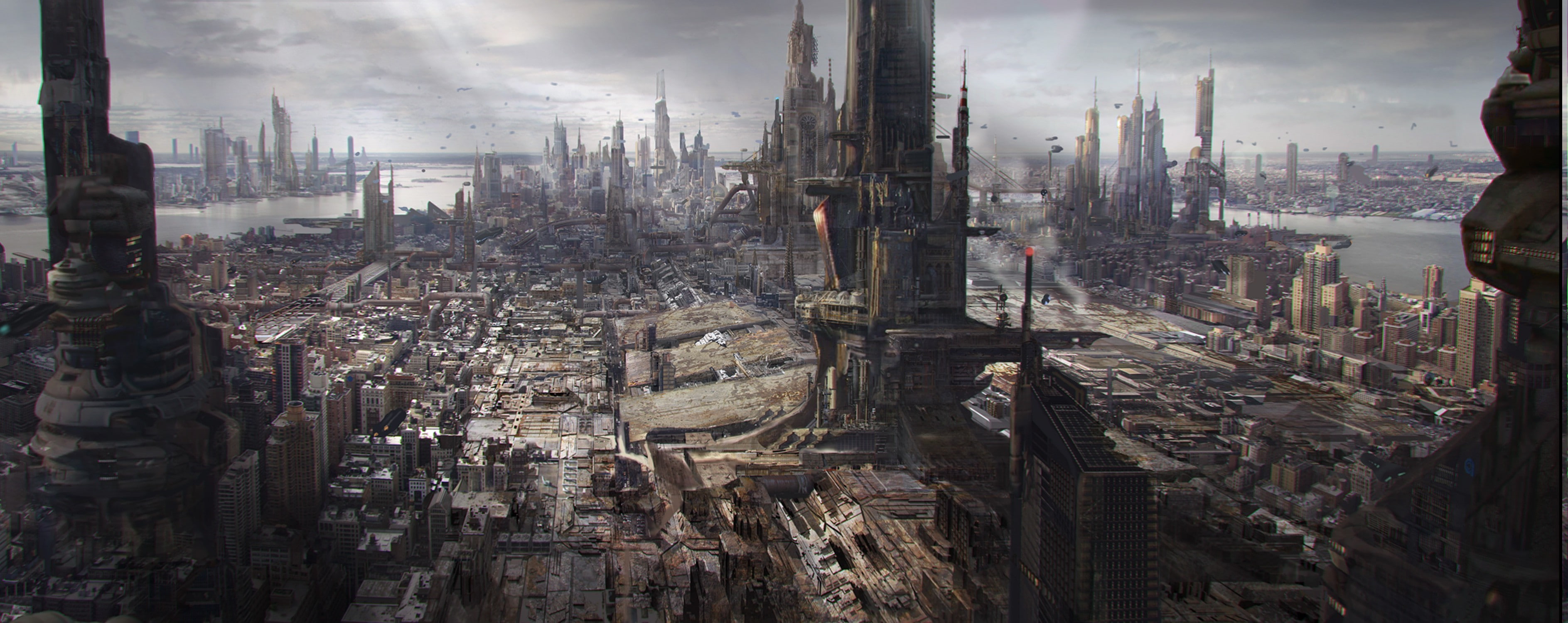 sky, architecture, environment, environmental issues, thomas galad matte paint cityscape urban digital art skyscraper, cityscape, building exterior, building, HD Wallpaper