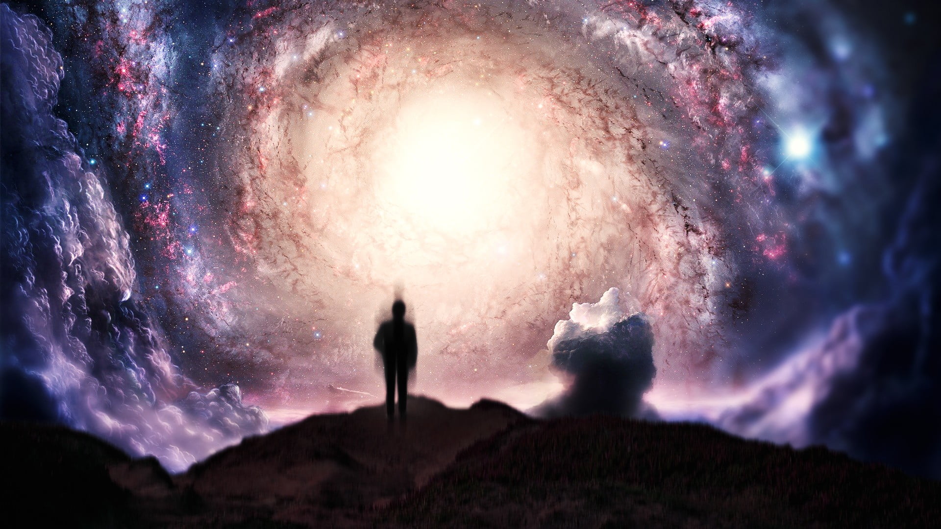 milky, adventure, mountain peak, way, scenics - nature, standing, milky way, mountain, nature, cloud - sky, rear view, artwork, astronomy, space, sky, illuminated, HD Wallpaper