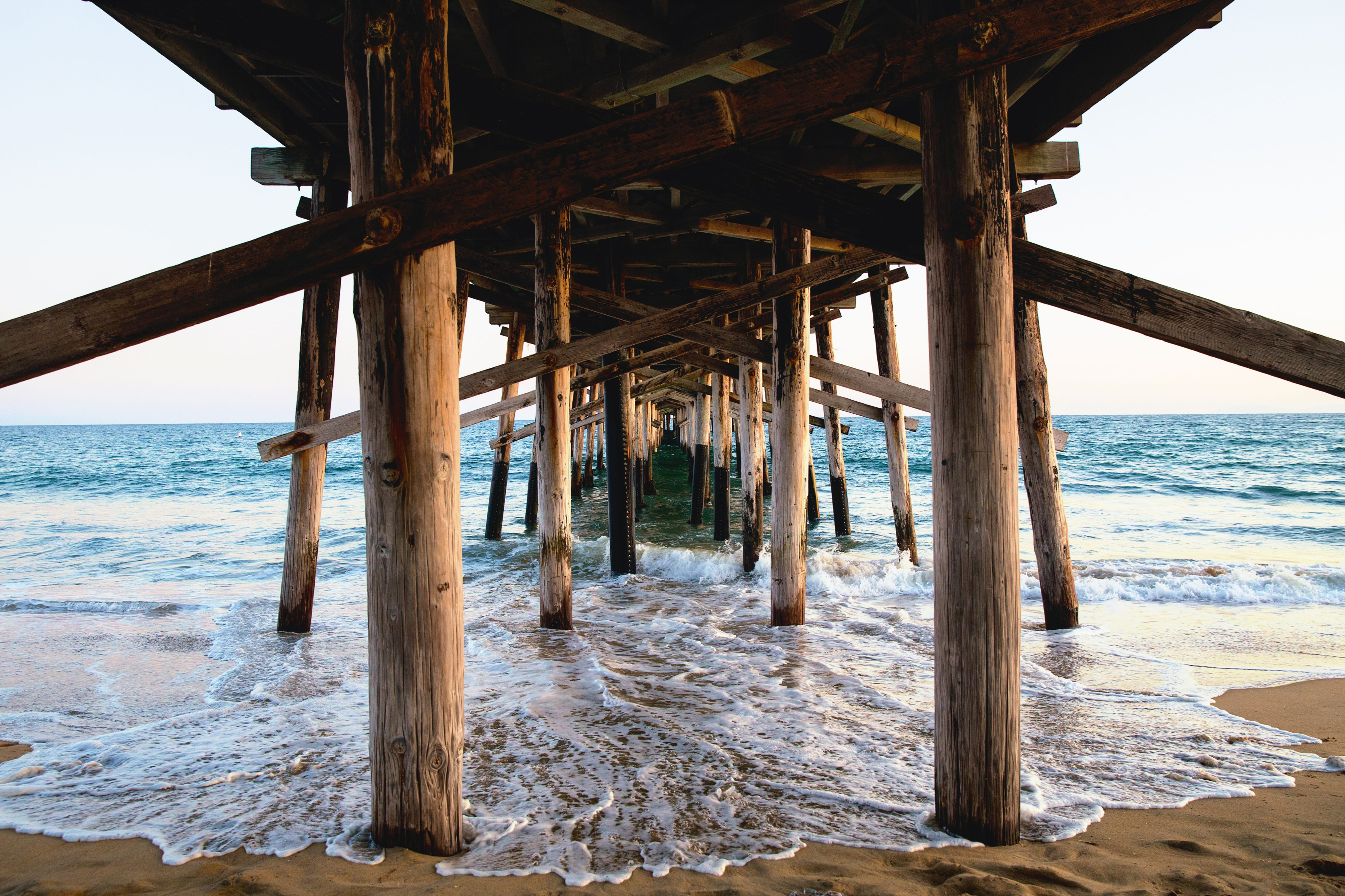 waves, water, outdoors, architecture, scenics - nature, newport beach, wood, sky, nature, 5K, sea, underneath, land, pier, wave, horizon over water, built structure, HD Wallpaper