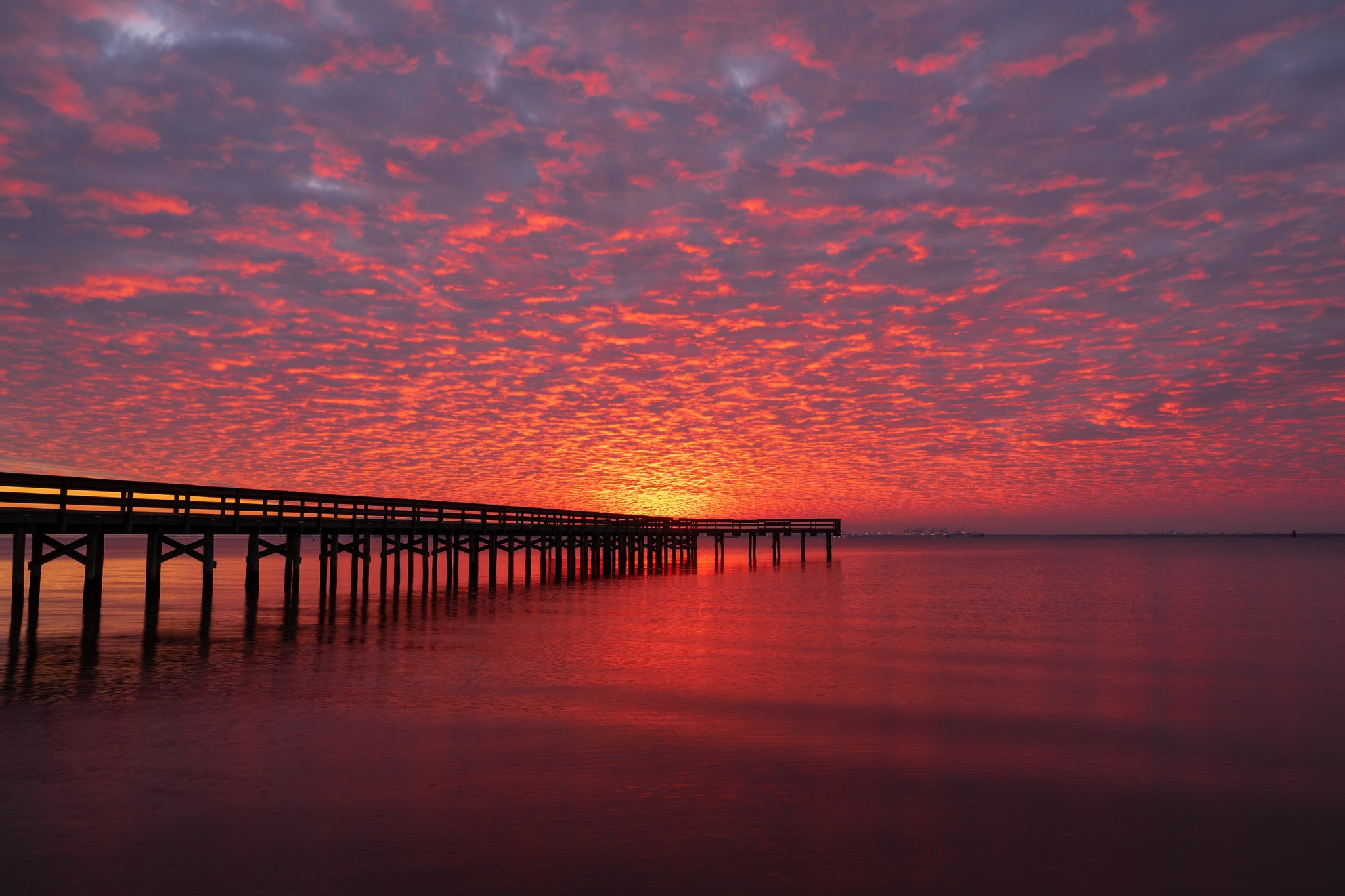 King Lincoln Park, Virginia, the evening, horizon, 1080P, river, clouds, United States, Newport News, pierce, sunset, glow, pier, the sky, HD Wallpaper