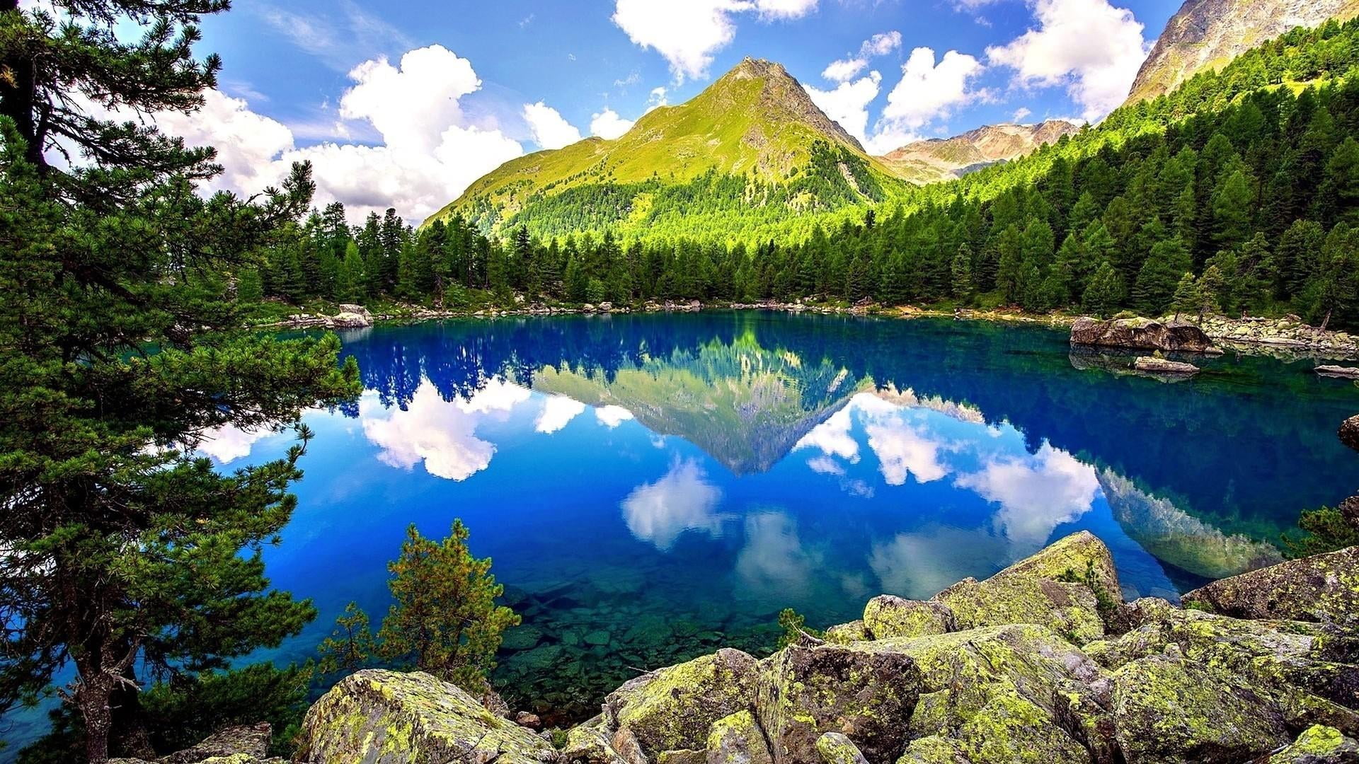 reflection, lake, cloud - sky, water, stunning, outdoors, idyllic, mountain, sky, no people, spring, tranquility, non-urban scene, plant, clouds, beauty in nature, HD Wallpaper