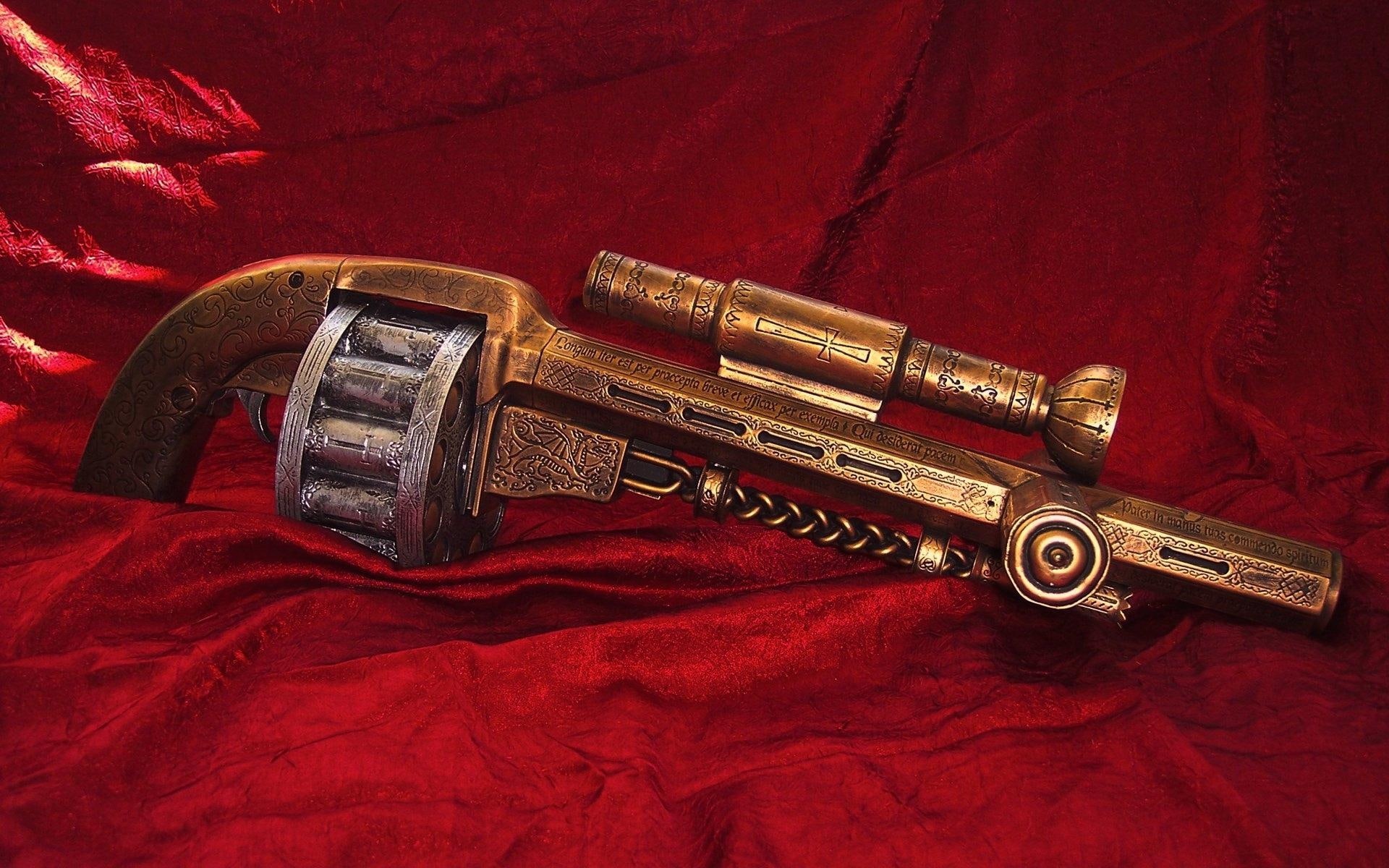 brass, revolver, 1080P, gun, 3d and abstract, vintage, HD Wallpaper