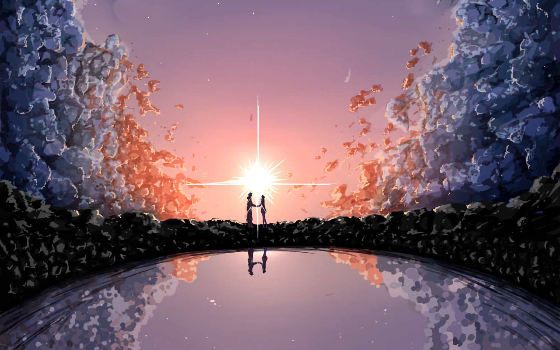 digital composite, 1080P, Kimi No Na Wa., nature, silhouette, real people, standing, Mitsuha Miyamizu, Your Name., illuminated, sun, couple, gray, Anime, HD Wallpaper