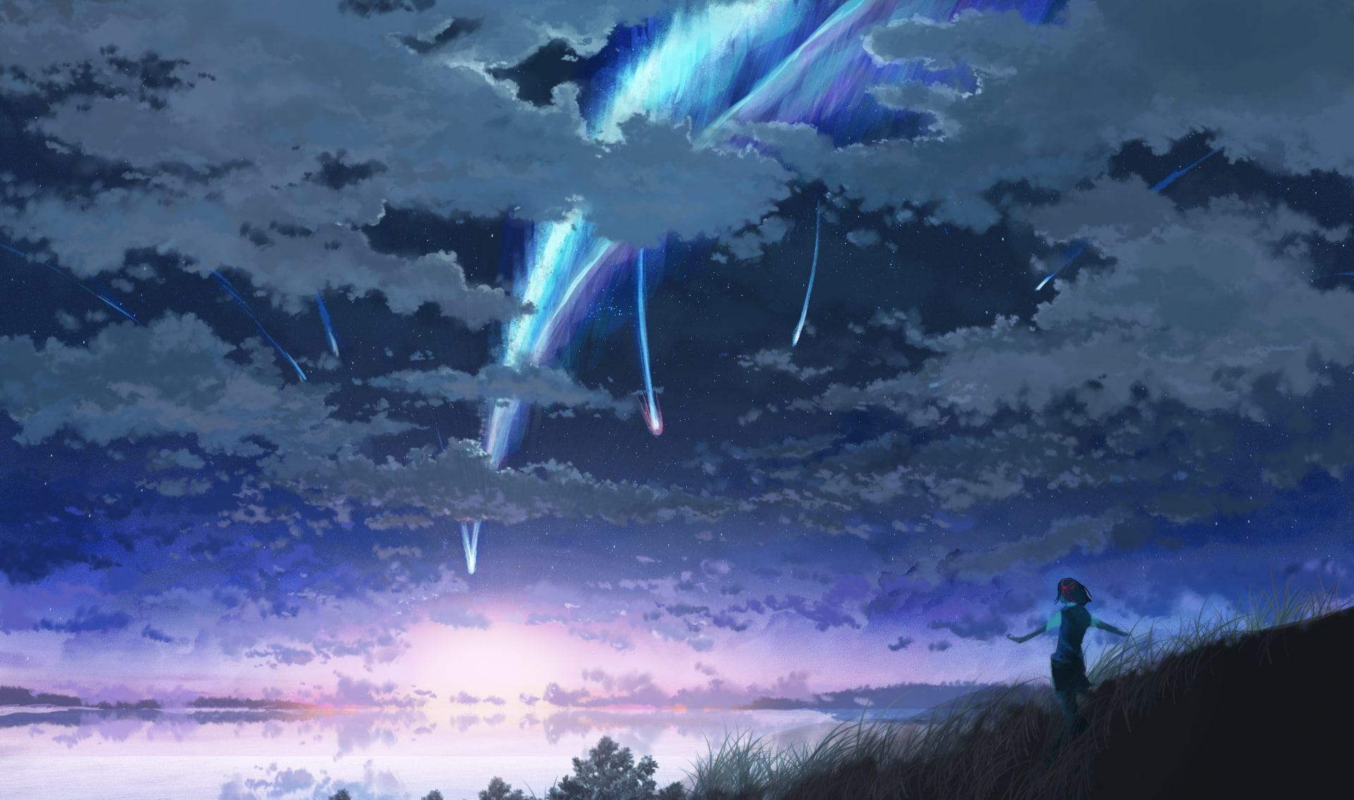 sky, miyamizu mitsuha, Anime, scenic, clouds, grass, kimi no na wa, 1080P, HD Wallpaper
