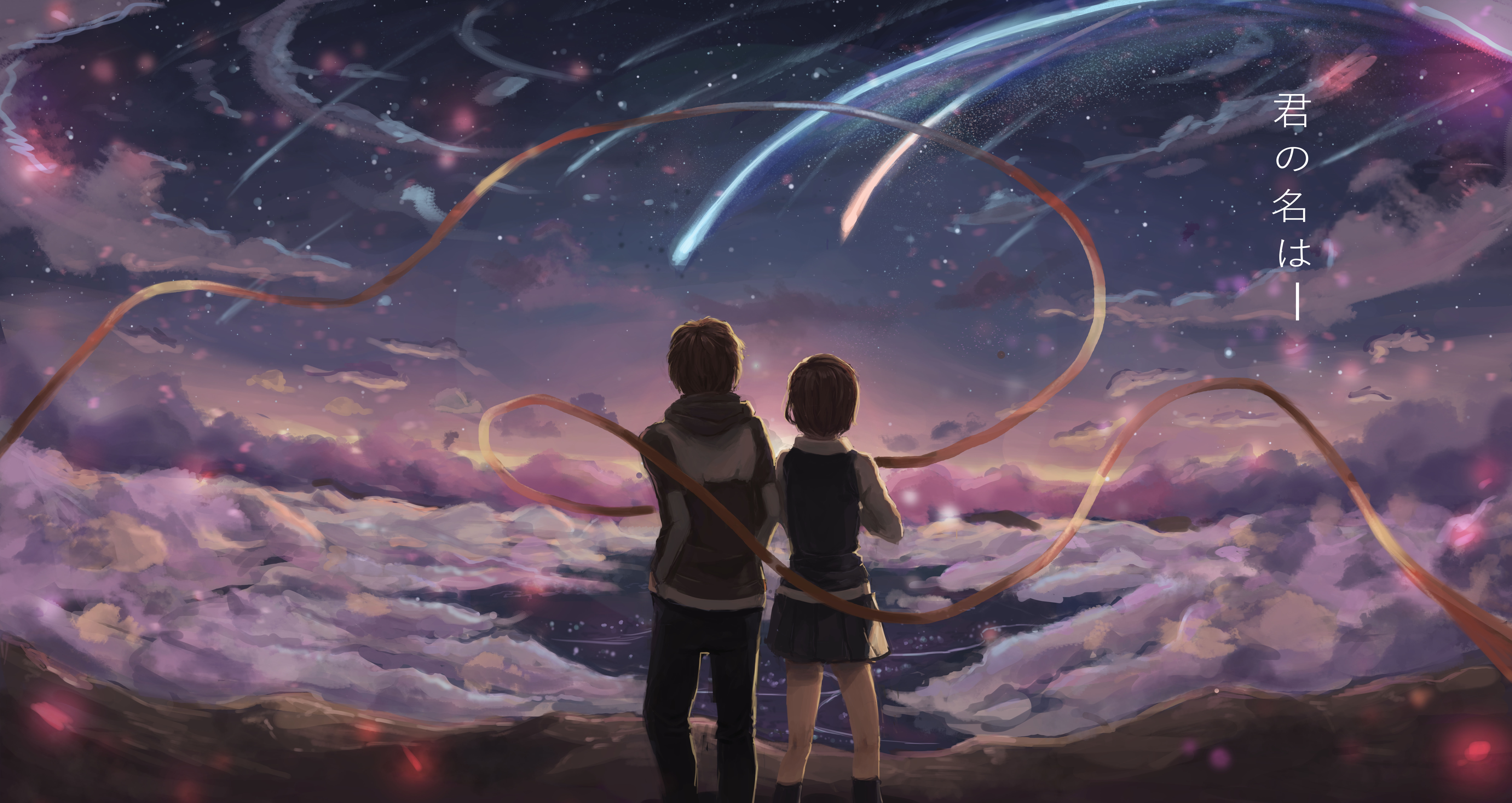 bonds, miyamizu x tachibana, kimi no na wa, back view, Anime, stars, clouds, scenic, 8K, HD Wallpaper