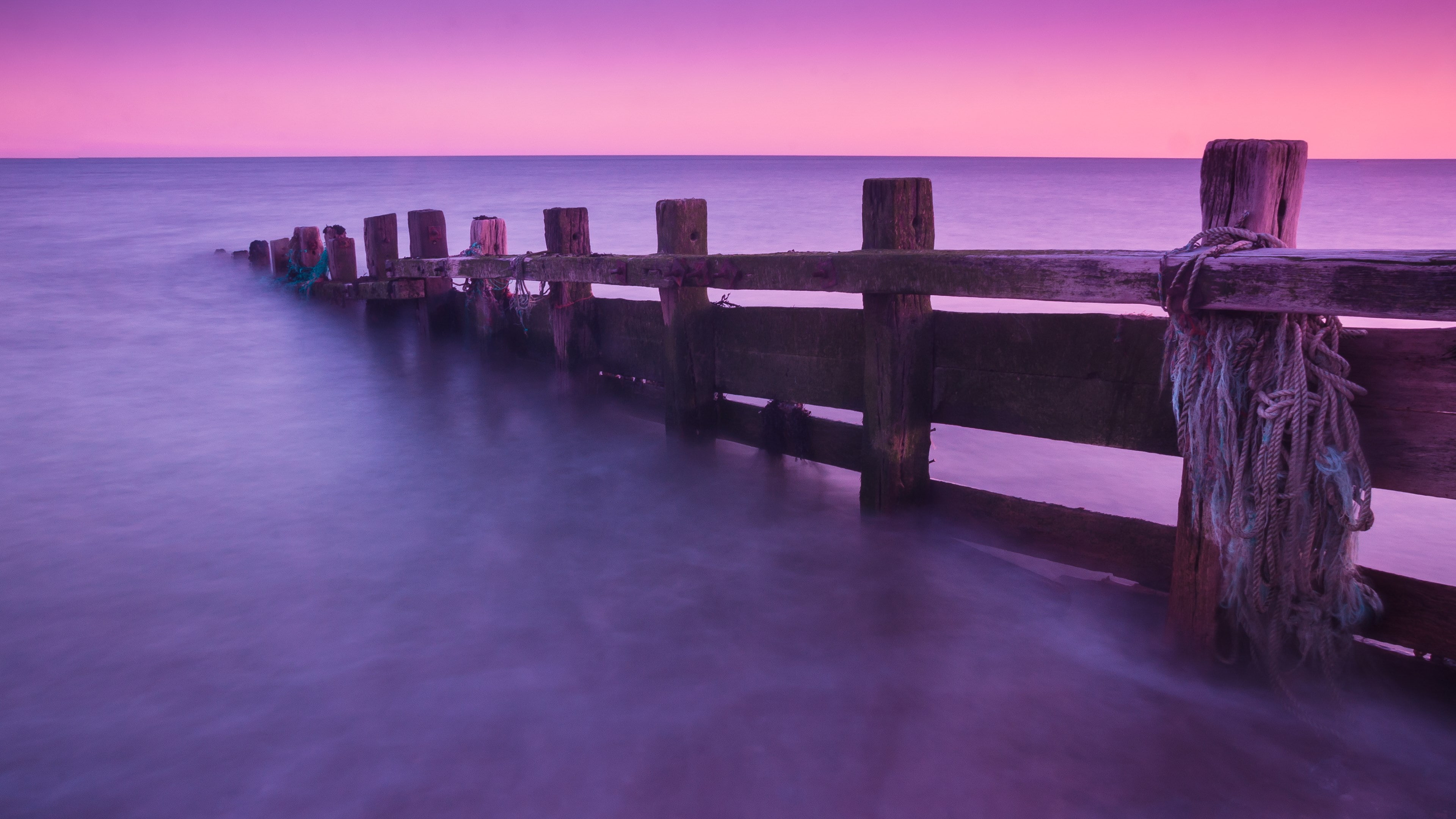 4K, nature, sea, railing, scenics - nature, horizon over water, horizon, beauty in nature, pier, wooden post, land, purple, dusk, beach, outdoors, wood - material, HD Wallpaper